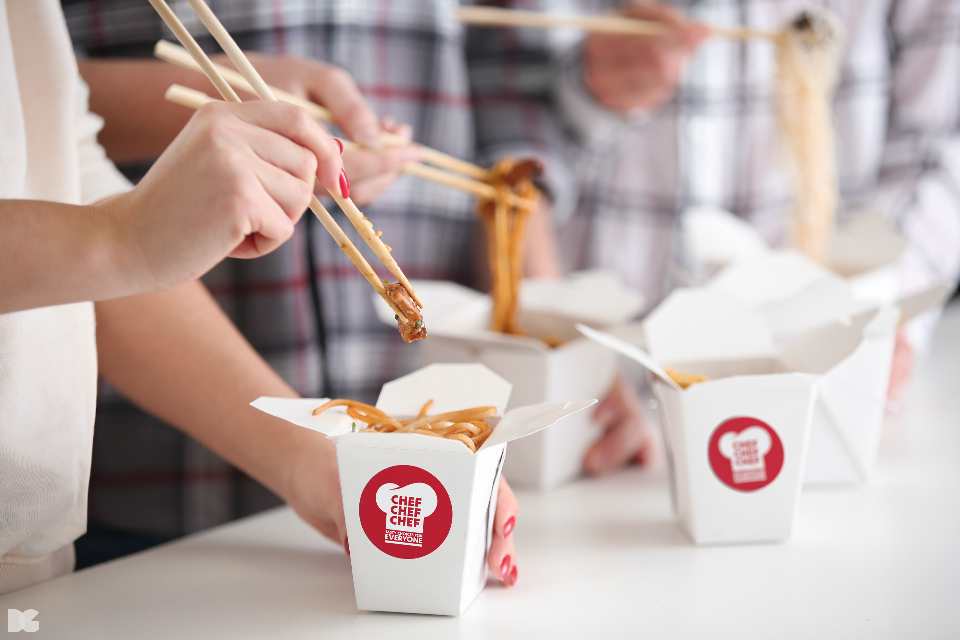 Chef Chef Chef branded Chinese food in white cardboard takeaway cartons.