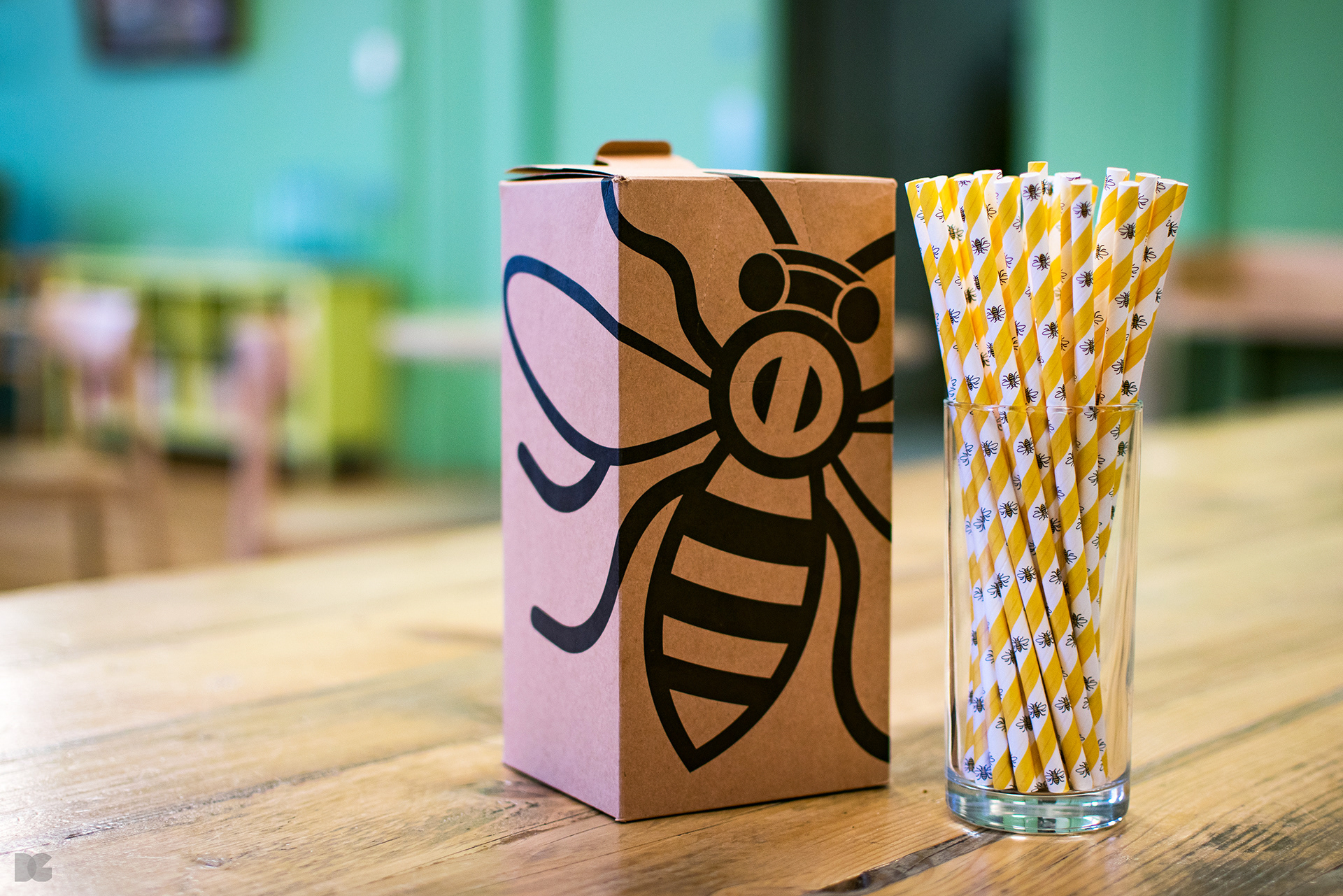 The Manchester Bee Paper Straw, photographed at The Gallery Cafe in Manchester Art Gallery. © 2018 David Gilmore Design