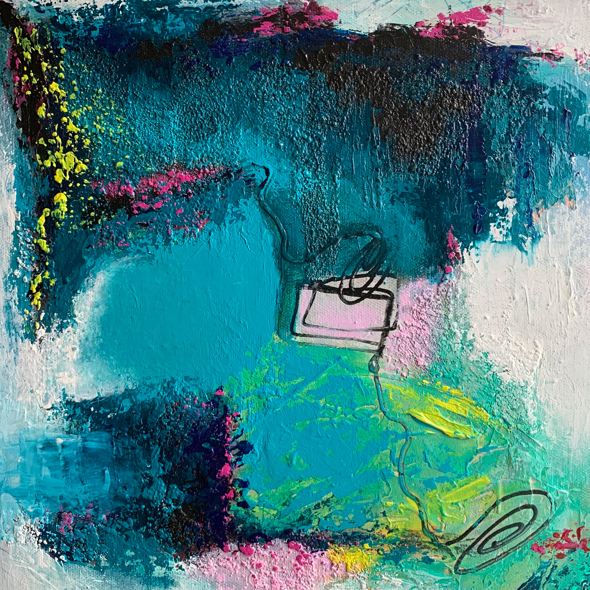 Watering. Mixed media/acrylic on canvas. 12 x 12 in.