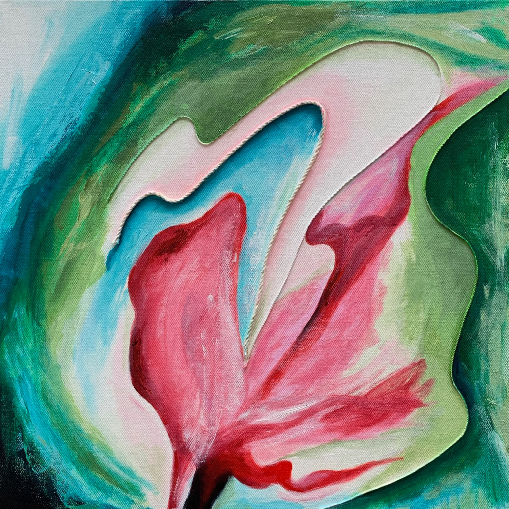 Plantain Blossom I. Collage/ acrylic on canvas. 20x20 in.