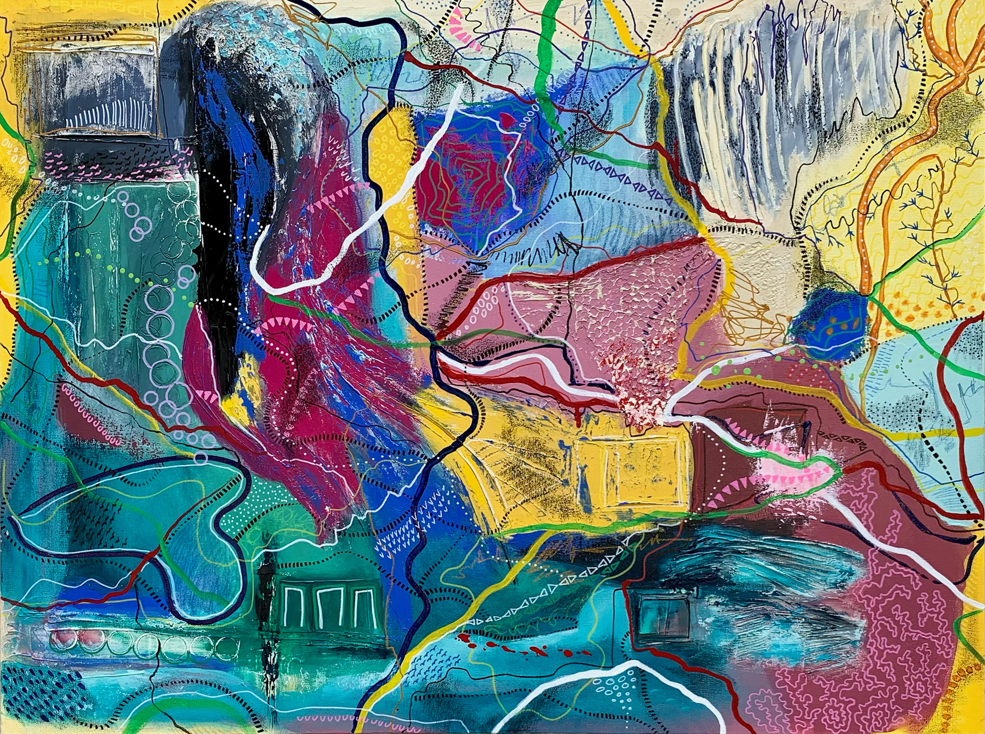 The Roads. Mixed media/acrylic on canvas. 30 x 40 in.