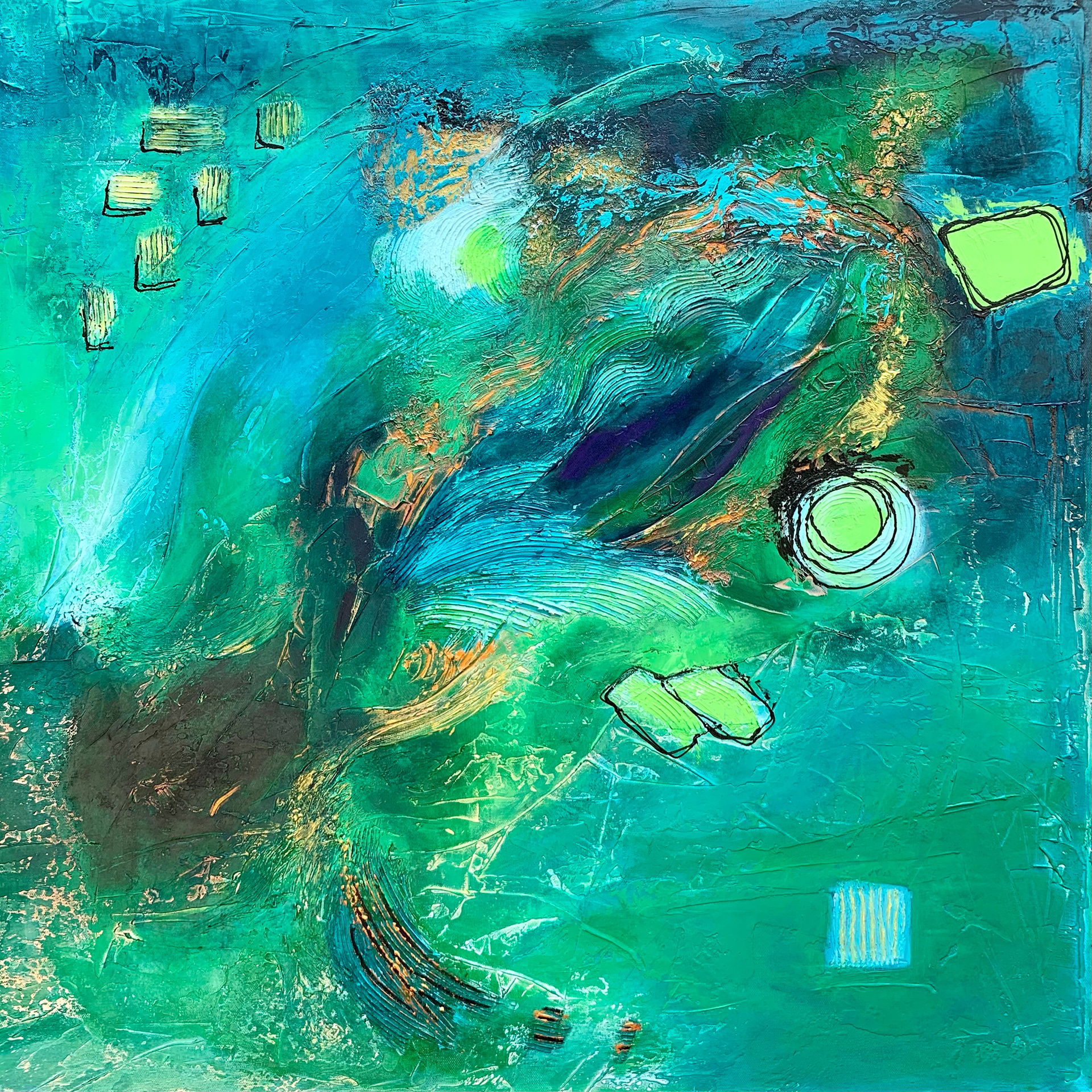 Green Ocean. Mixed media/acrylic on canvas. 30 x 30 in.
