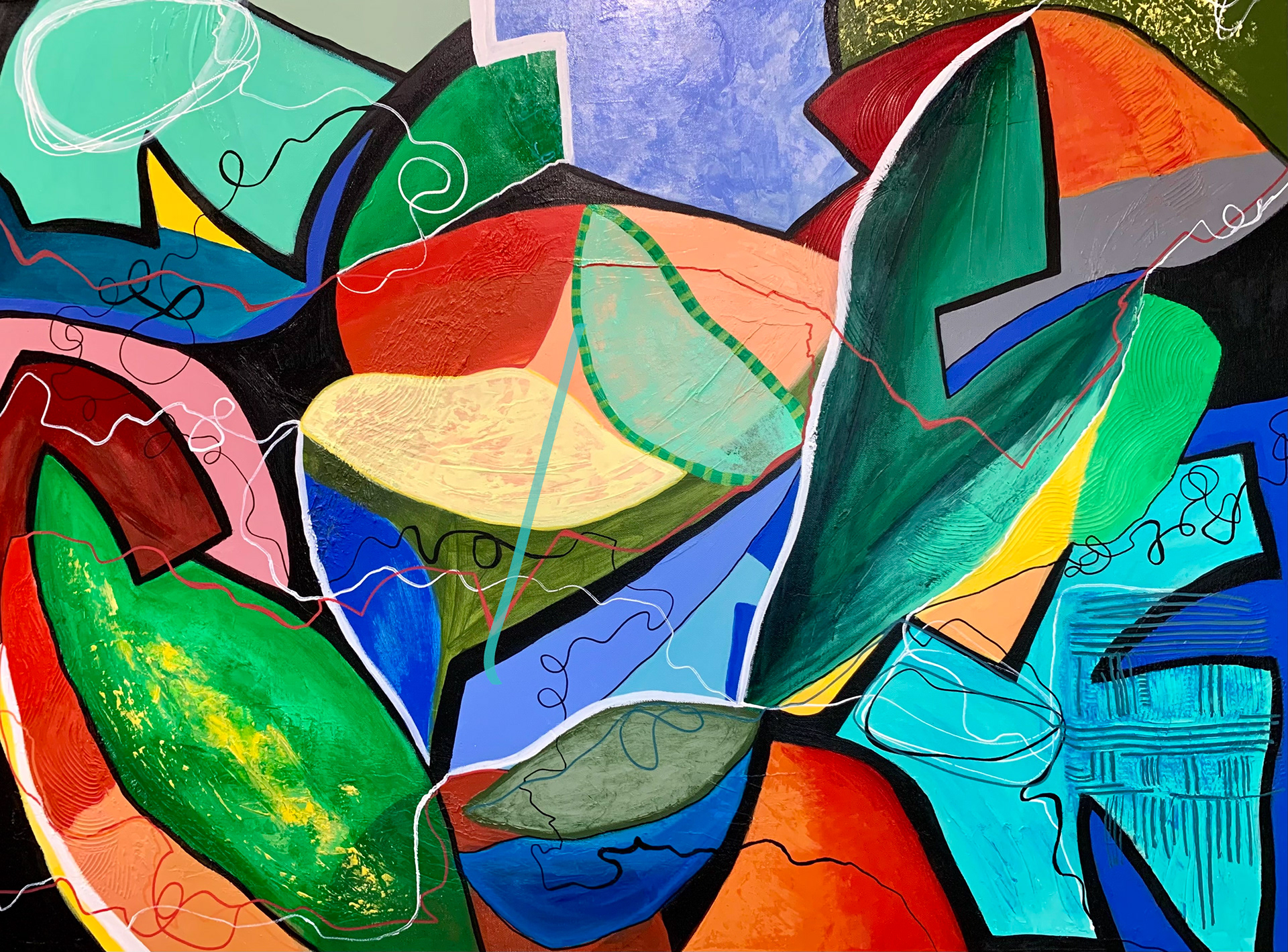 Leaves and Flowers. Mixed media/acrylic on canvas. 30 x 40 in.