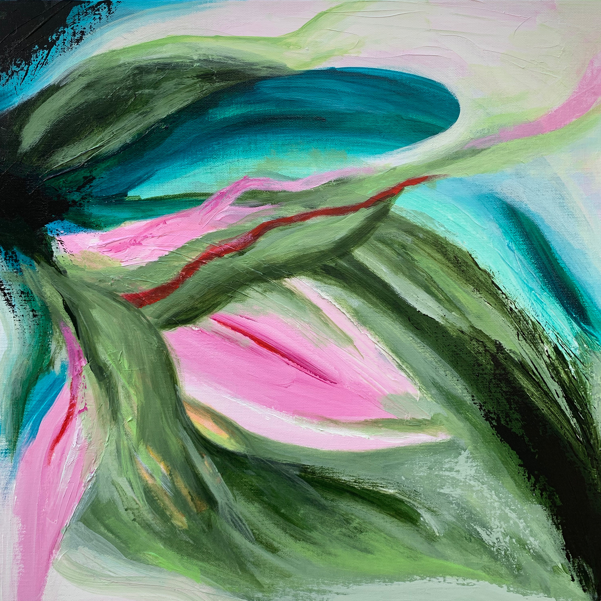 Plantain Blossom II. Acrylic on canvas. 20 x 20 in