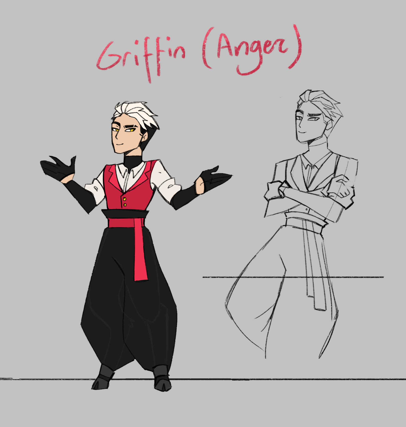Griffin Ramsley, The personification I made based on a smug bastard who runs rigged carnival games, he hates reacting his anger off on people, but because of that he also represses his core emotion and is he one of the weaker performers in the Fair. Therefore can also hold his form less stable which is why his hooves/goat legs still shine through.