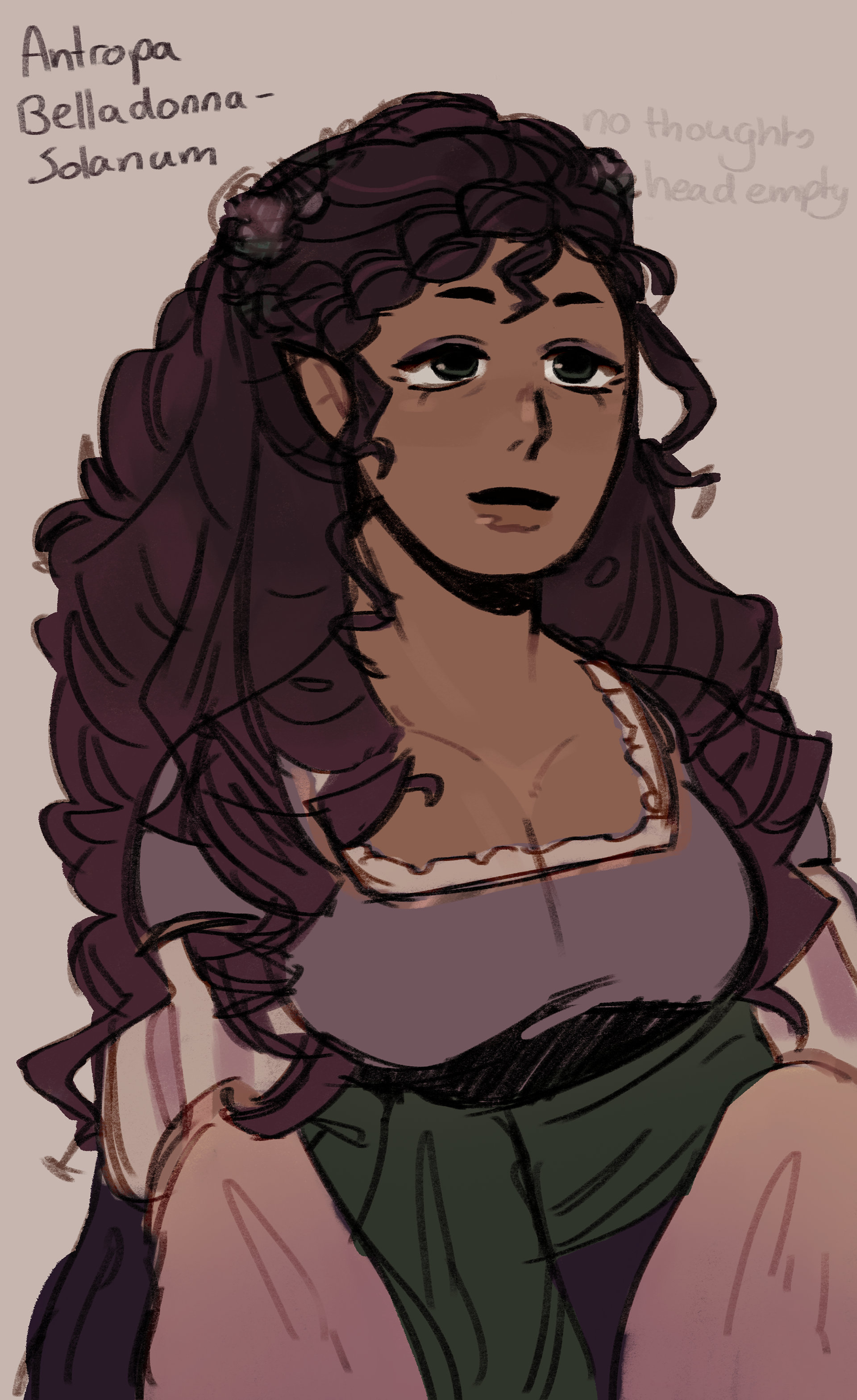 A design for my DnD character Lycian's mother, She is inspired by the Antropa Belladonna (Deadly Nightshade), and her pupils are so big because of the belladonna pupil dilating effect the poison was used for cosmetically