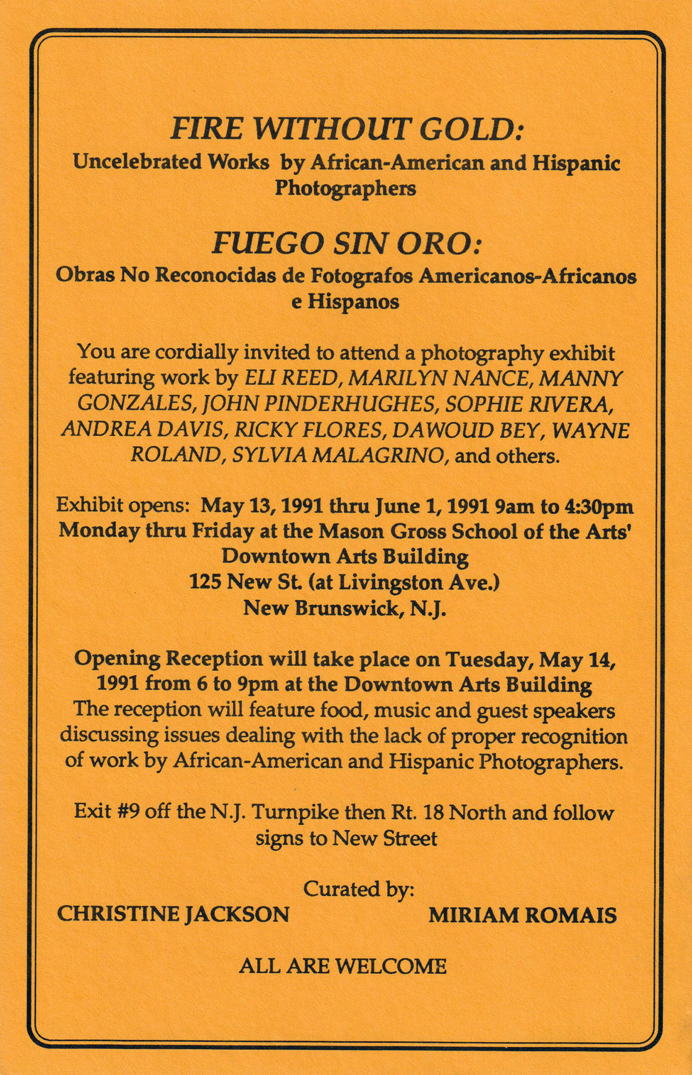 Mason Gross School of the Arts Show, 1991 including artists Eli Reed, Dawoud Bey, Marilyn Nance, Ricky Flores and more.