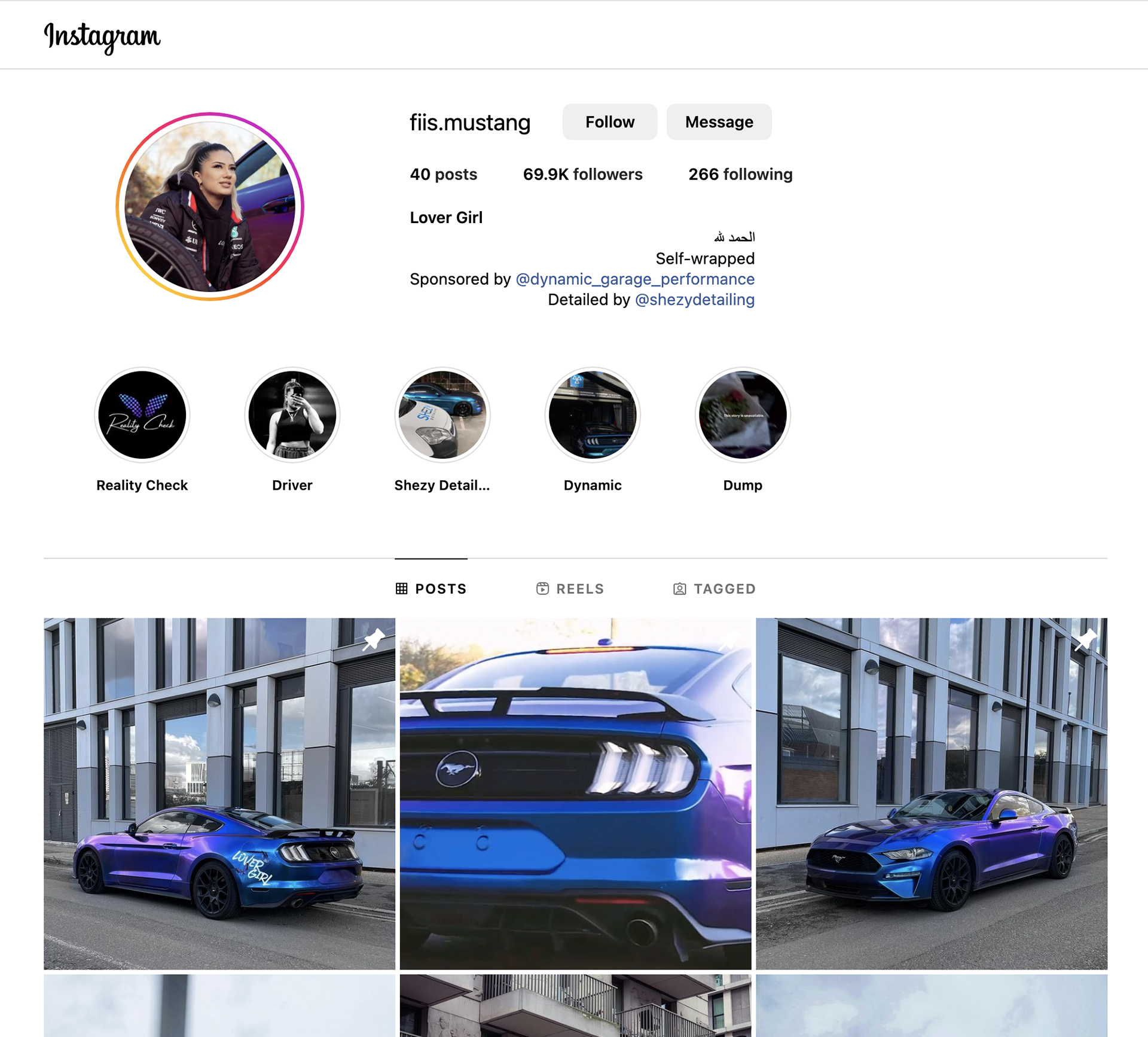 Fii's Mustang Instagram page with Reality Check logo