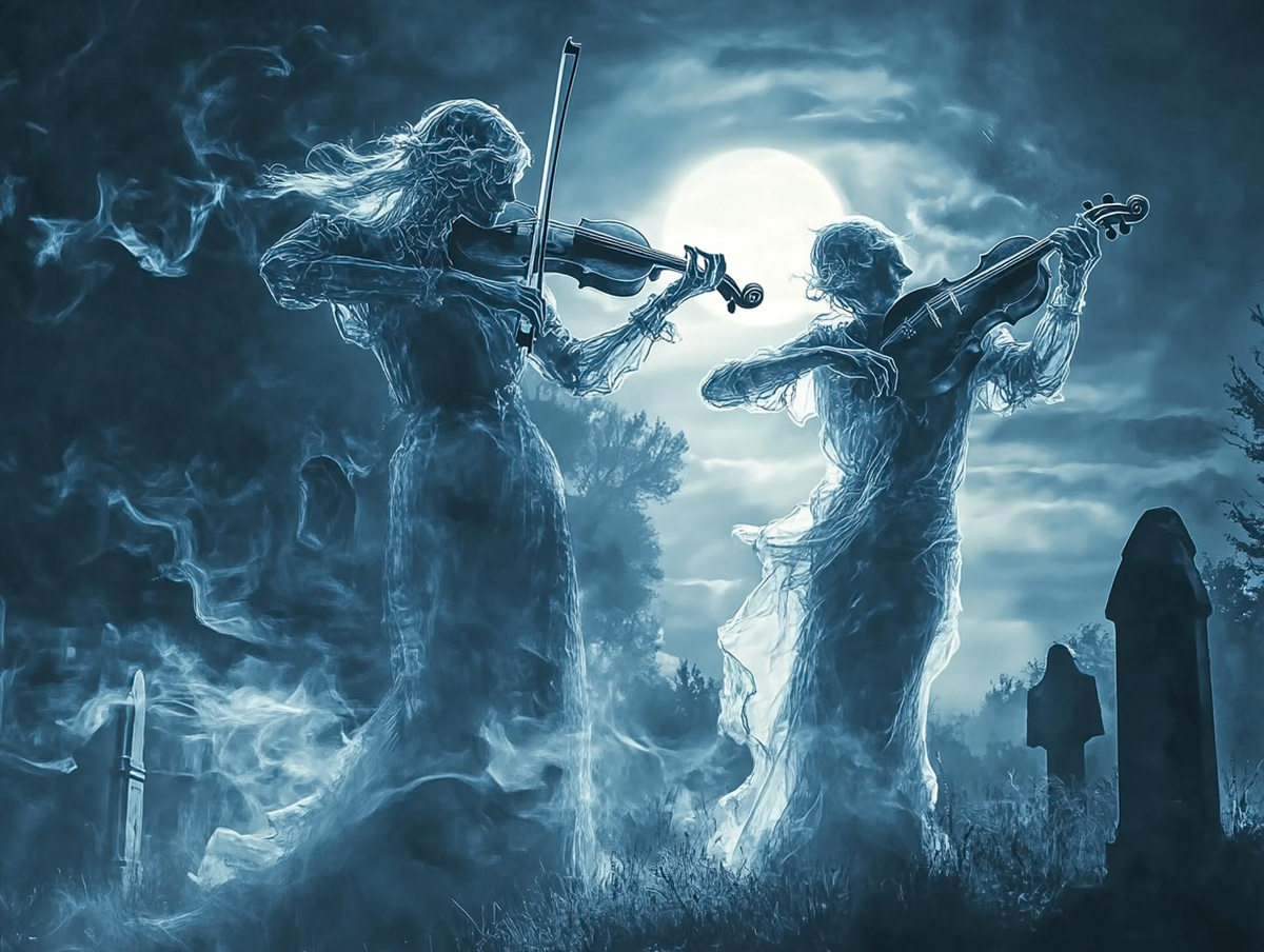 two misty transparent beings dressed in street clothes playing the violin for a misty transparent dancing couple in a cemetery on a moonlit night --ar 4:3 --v 6.1 Job ID: d3d22fc5-ed39-4cc5-bca5-e5ef7523ed81