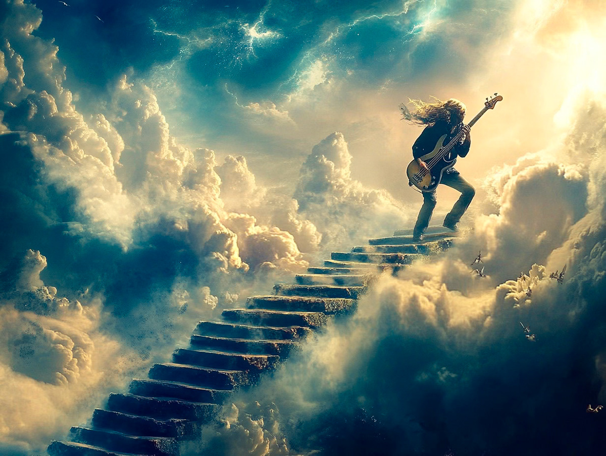 A Rock musician climbing the stairway to heaven --ar 4:3 --v 6.1 Job ID: 07e127cc-a8f0-4c7e-b485-8b37cf38d112
