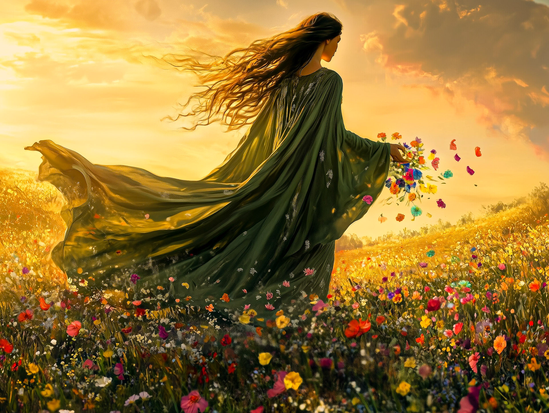 the greek goddess Persephone dressed in a green flowing robe walking through a field spreading multicolored flowers at her feet. Early morning sunrise in the background, photorealistic --ar 4:3 --v 6.1 Job ID: ab8bed96-75c2-46c5-8163-5b7455446fa9