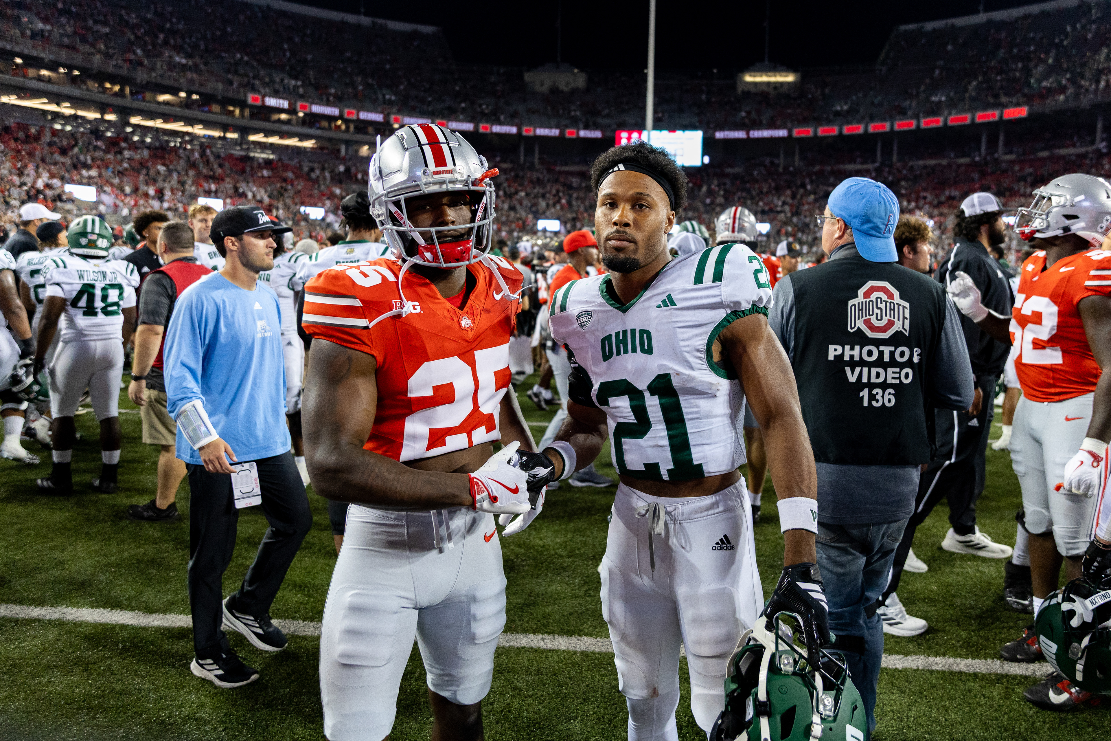 Ohio Bobcats #21, Ronald Jackson Jr., shakes hands with Ohio State Buckeye #25, Ty Howard, after the game ending in 37-9 with the Buckeyes winning at Ohio Stadium on September 13 2025.