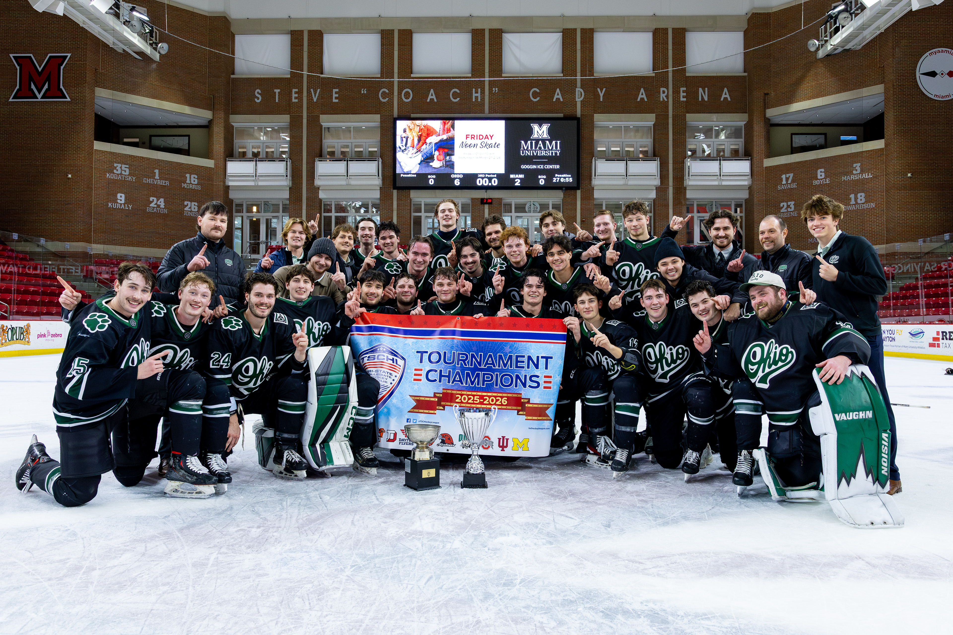 The 2025-26 Ohio University Division II Men's Ice Hockey team from Athens, OH poses for a photo after beating Miami University 6-2 to make them the 2026 TSCHL Champions. Photo taken at Goggin Ice Center in Oxford, OH on February 10 2026.