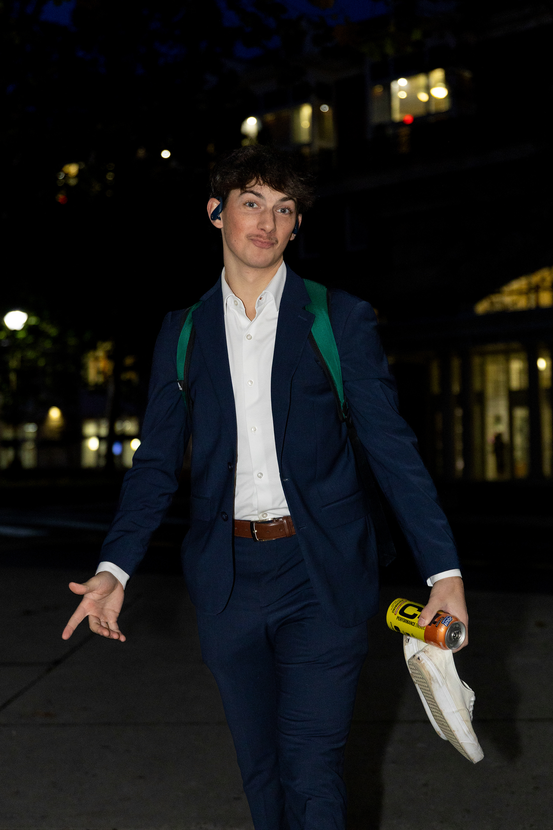 Ohio Bobcats Defenseman #17, Vinny Rengel, poses for a photo as he walks into the rink before a game at Bird Ice Arena.