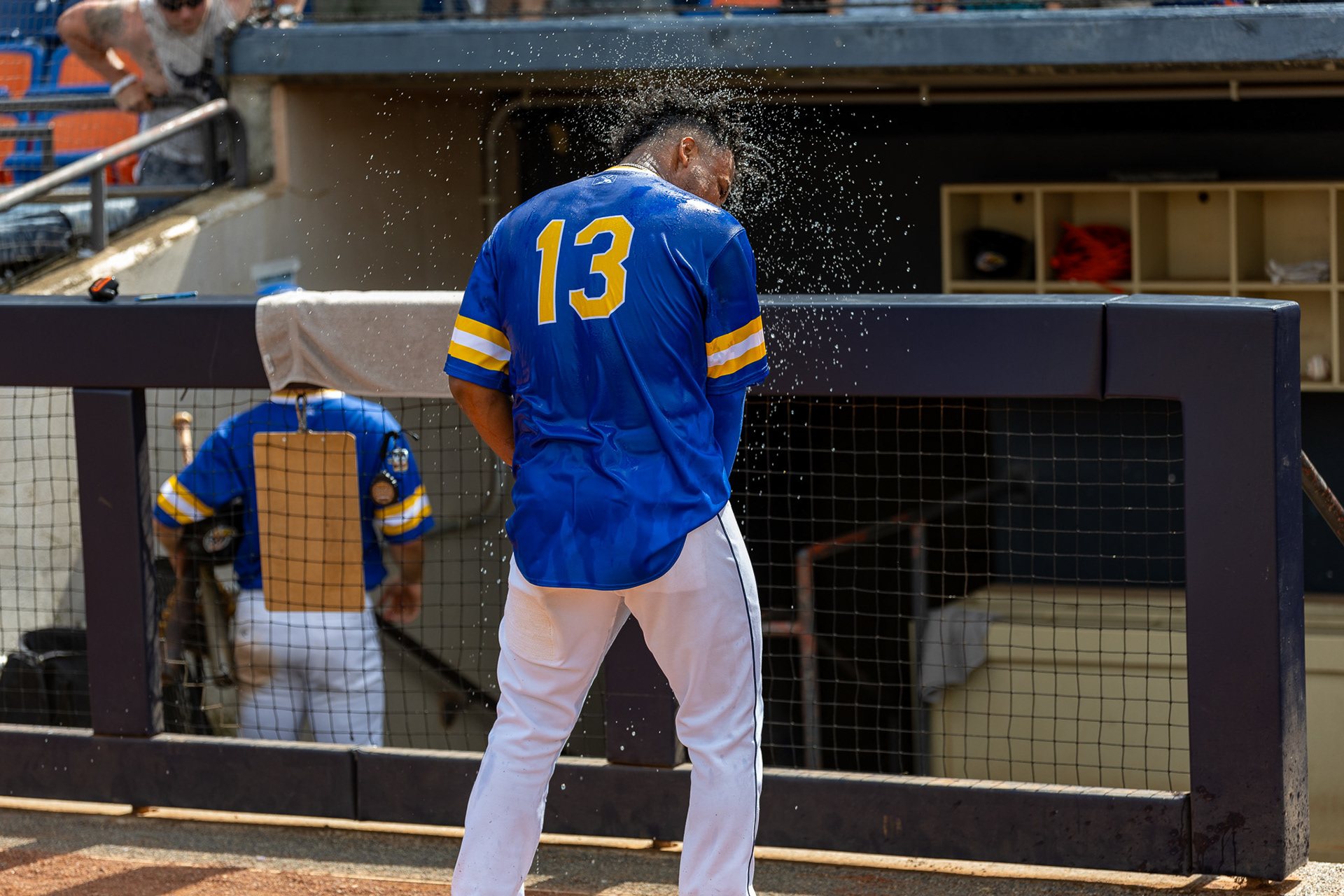 Dayan Frias shakes off after having gatorade being poured on him at Canal Park August 11 2024.