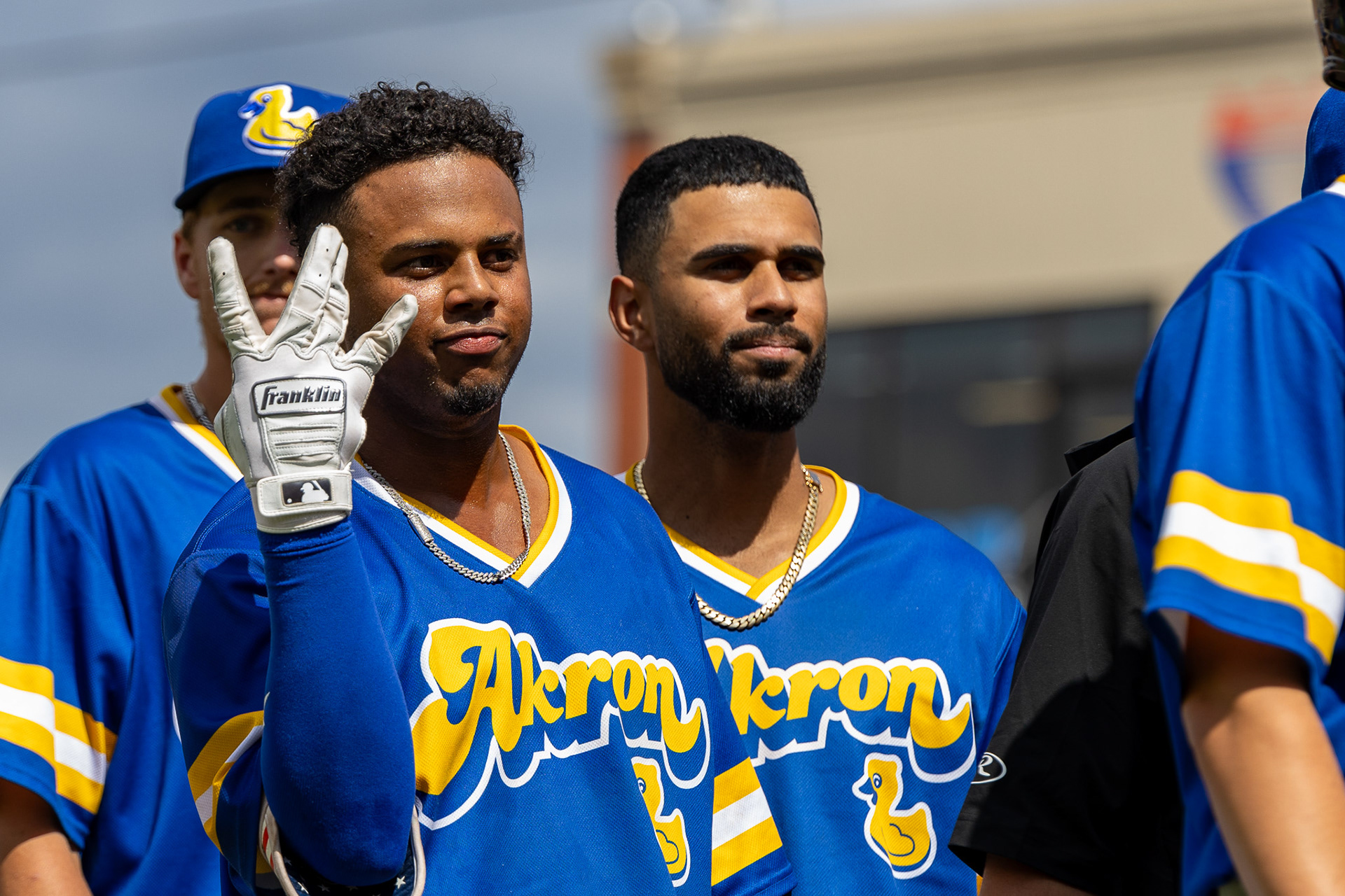 Dayan Frias uses his hand to make a 'W' after winning the Sunday game in a walk-off on August 11 2024.