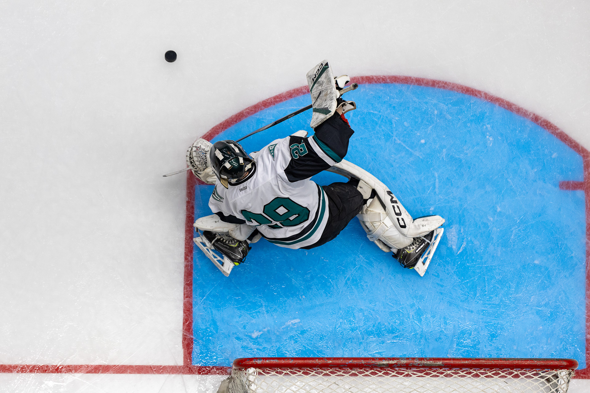 Ohio Bobcats Goalie #29, James Saber, blocks a shot at the game against WVU at Wesbanco Arena on September 15 2024.