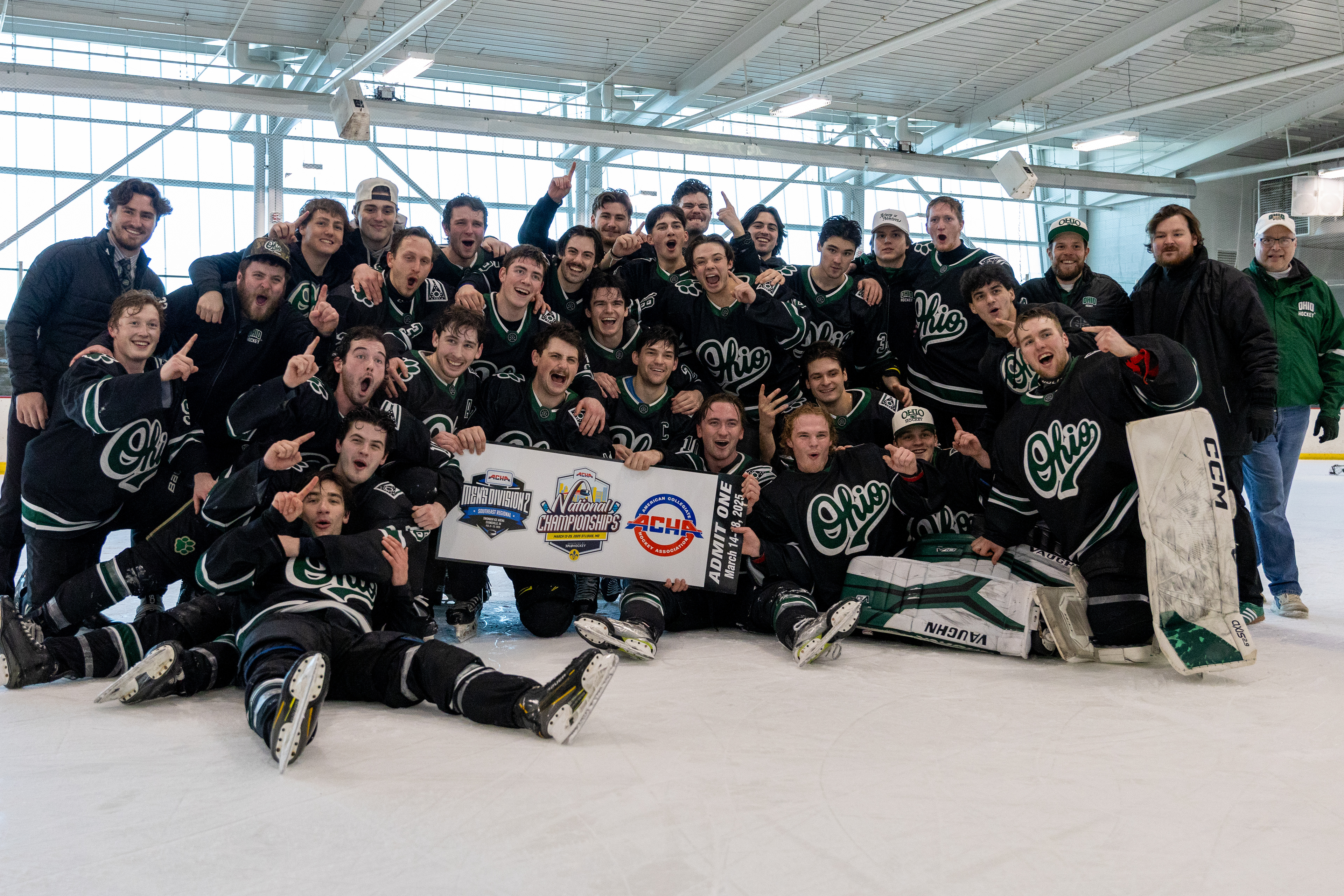 The 2024-25 Ohio University Division II Men's Ice Hockey team from Athens, OH poses for a photo after beating Miami University 4-1 to make them qualifiers for the 2025 ACHA M2 Nationals held in St. Louis. Photo taken at 2025 ACHA M2 Regionals at Swonder Ice Arena on February 23 2025.