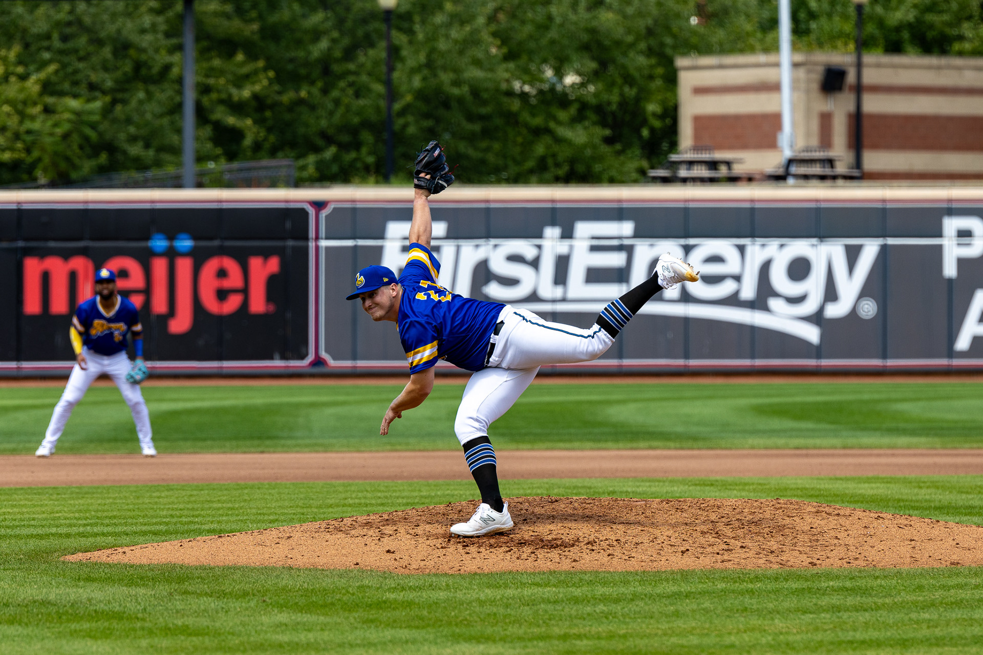 Parker Messick throws a pitch at Canal Park on August 11 2024.