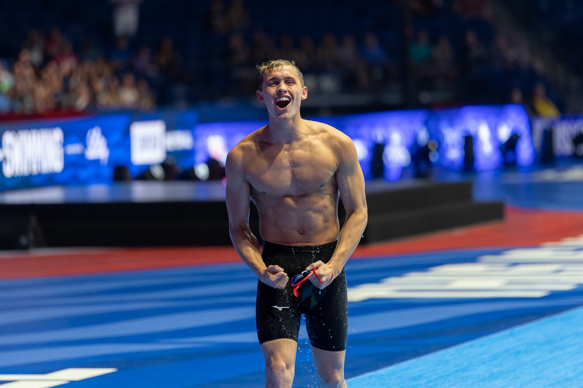 Carson Foster celebrates after winning the 400 Individual Medley with a time of 4:07.64 at the U.S. Olympic Team Trials at Lucas Oil Stadium on June 16 2024. He later went on to win the bronze medal in the same event at the 2024 Paris Summer Olympics.