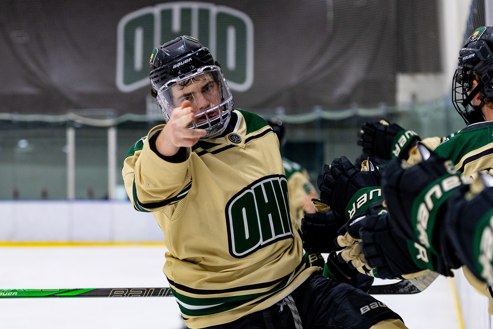 Ohio Bobcats Forward #17, Laker Aldridge, celebrates after scoring a goal against Maryville at Bird Ice Arena on November 14 2025.