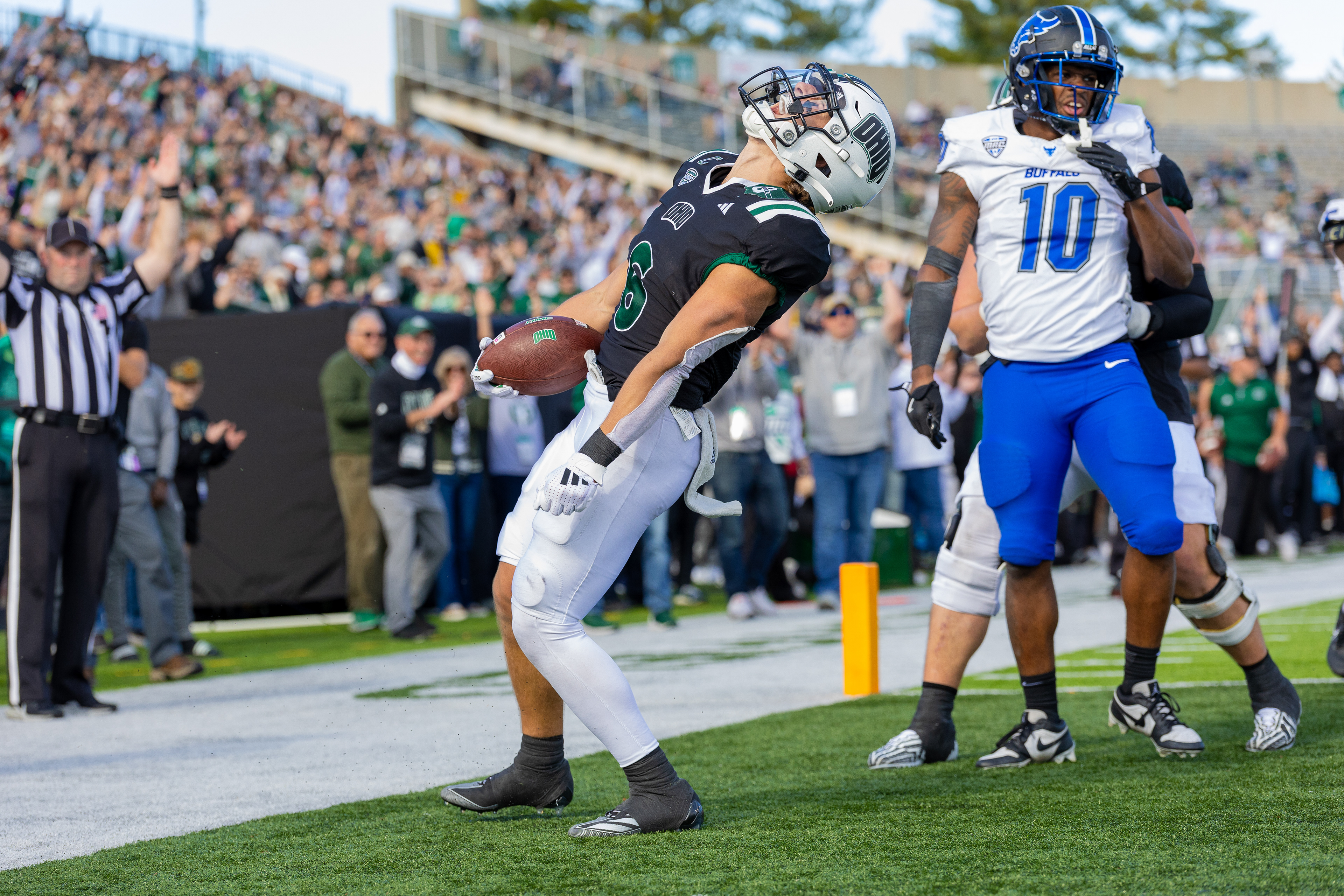 Ohio Bobcats #6, Coleman Owens, celebrates after a touchdown against the Buffalo Bulls at Peden Stadium on October 26 2024.