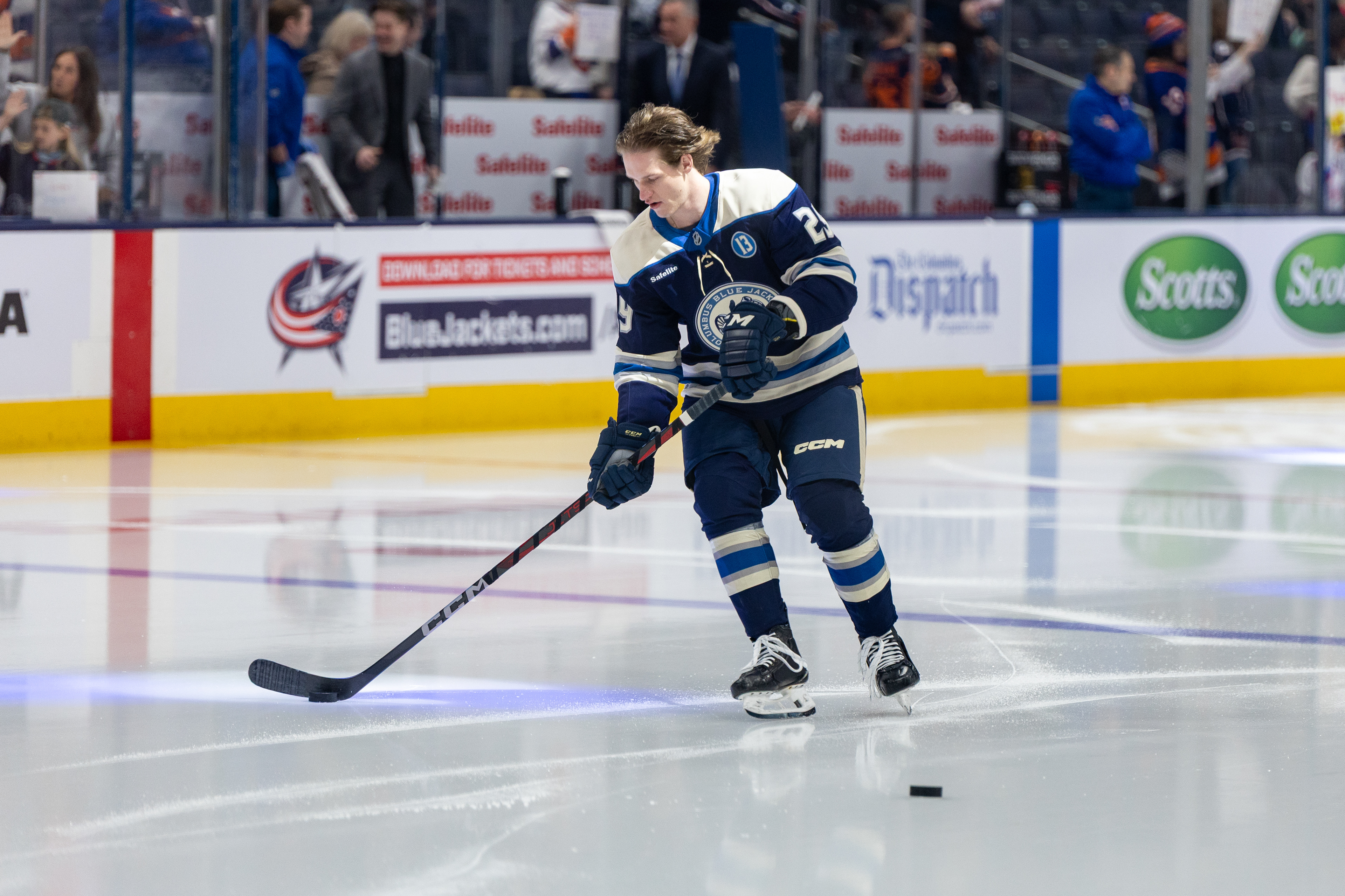 Columbus Blue Jackets Forward, Jack Williams, makes his NHL debut and takes his rookie lap at the last home game against the Islanders at Nationwide Arena on April 17, 2025.