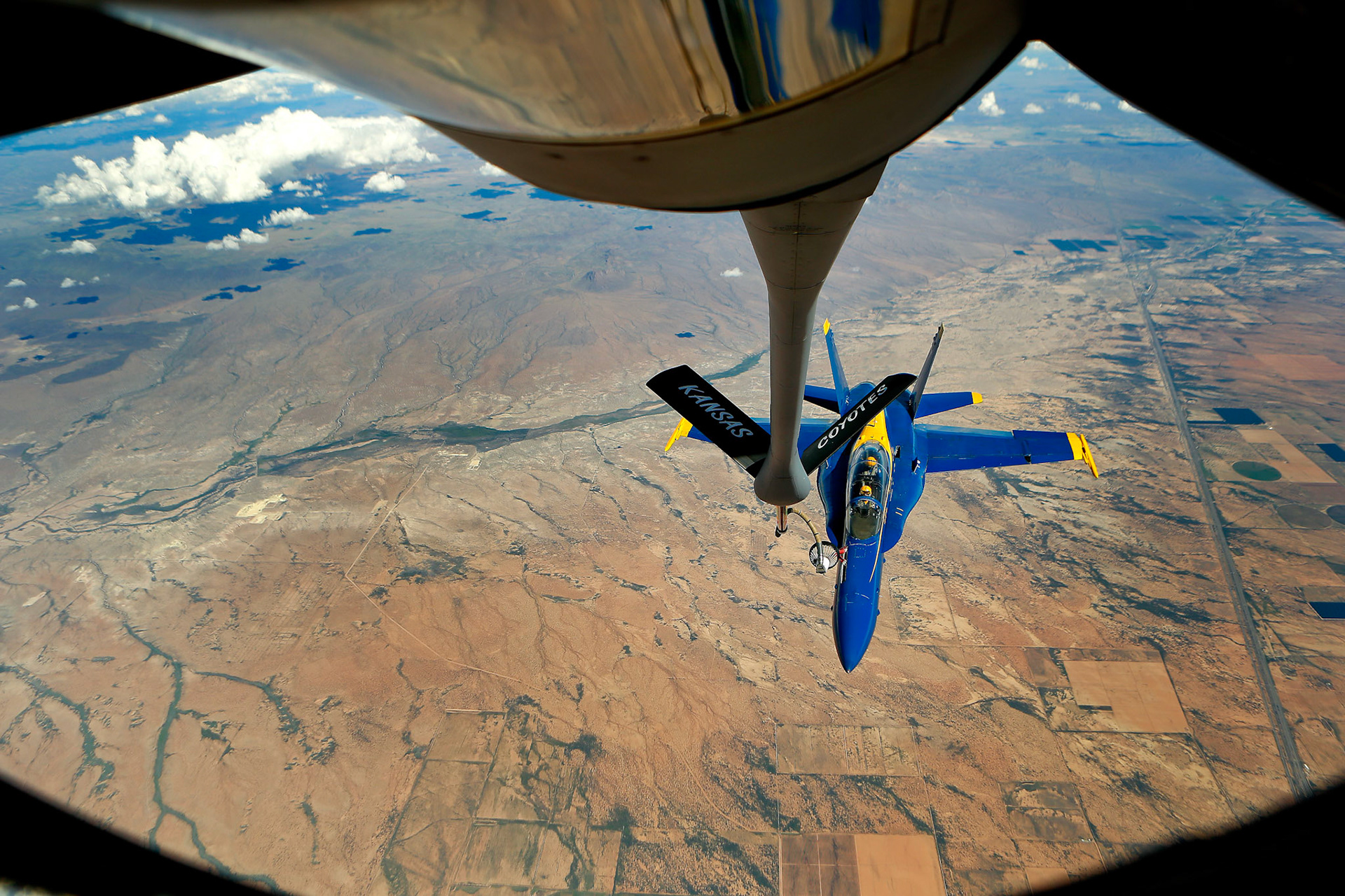 Cpt. Jeff Kuss of the Blue Angels receive fuel from a KC-135 of the Kansas Air National Guard's 190th Refueling Wing on Wednesday Sept. 23, 2015, over New Mexico.