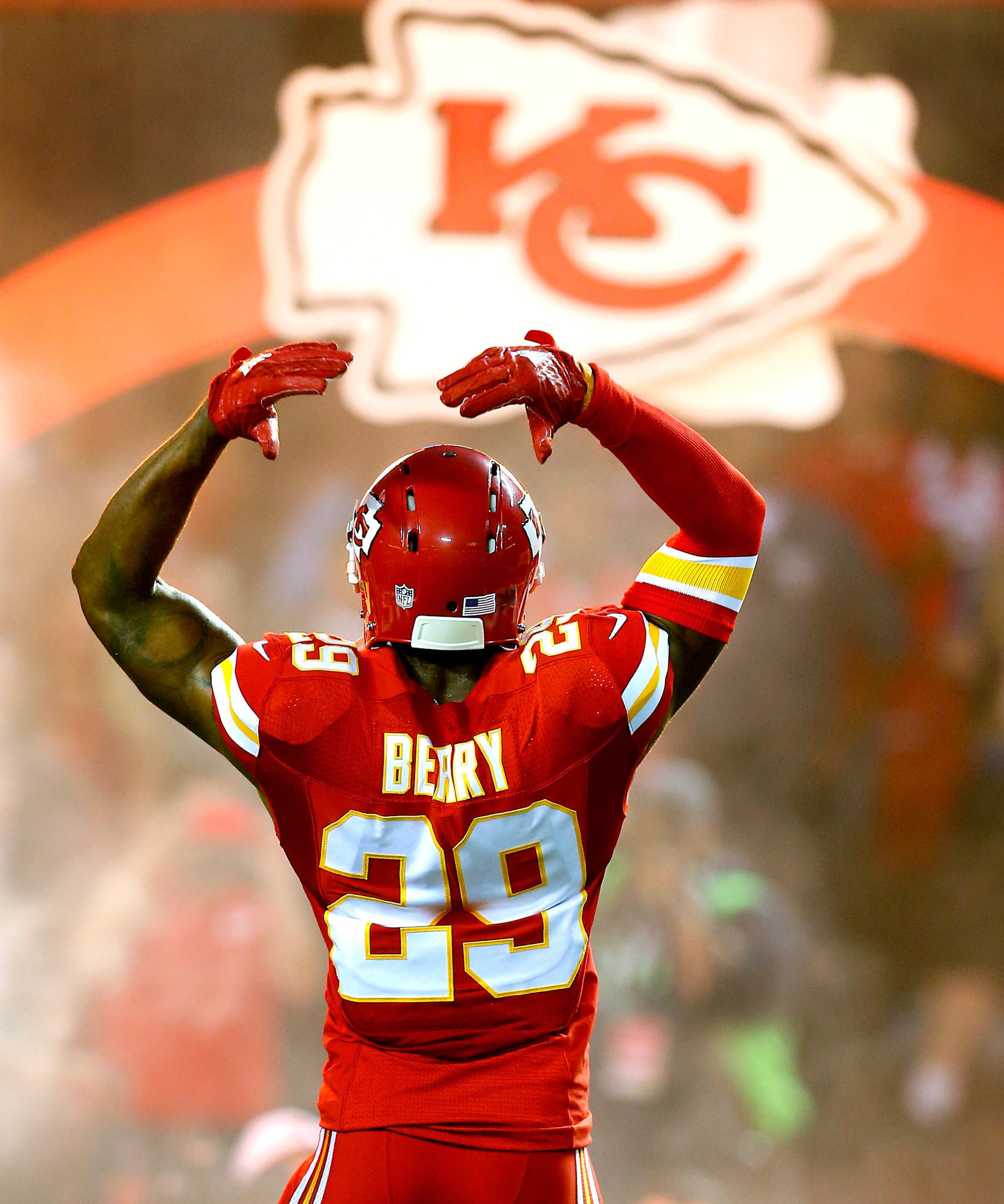 Kansas City's Eric Berry hypes up the crowd as he comes out of the tunnel for Thursday night's home opener against the Denver Broncos.