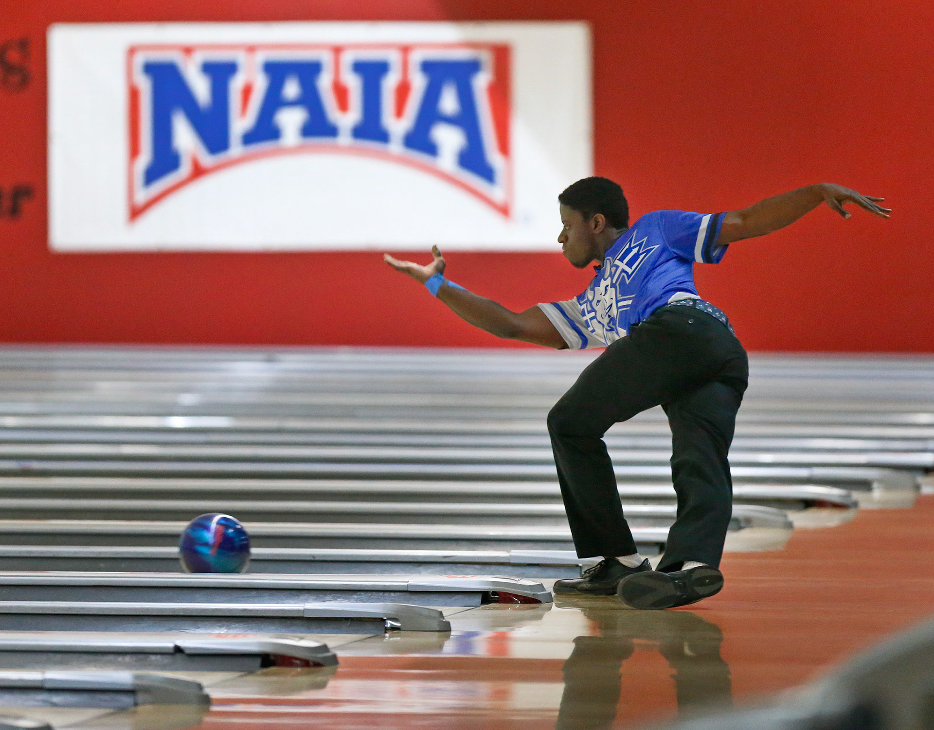 Jordan Bryant of Lawrence Technological University  competes in the NAIA Bowling National Invitational on Thursday at West Ridge Lanes. 
