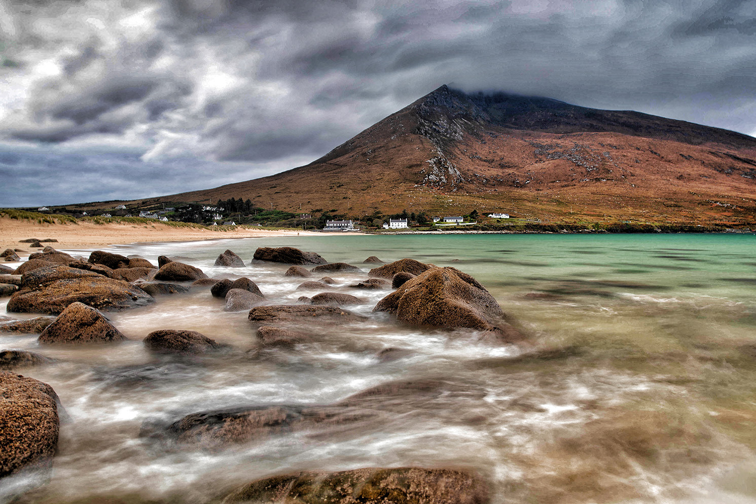 Dugart( Doogart) Beach with Slievemore Mountain.