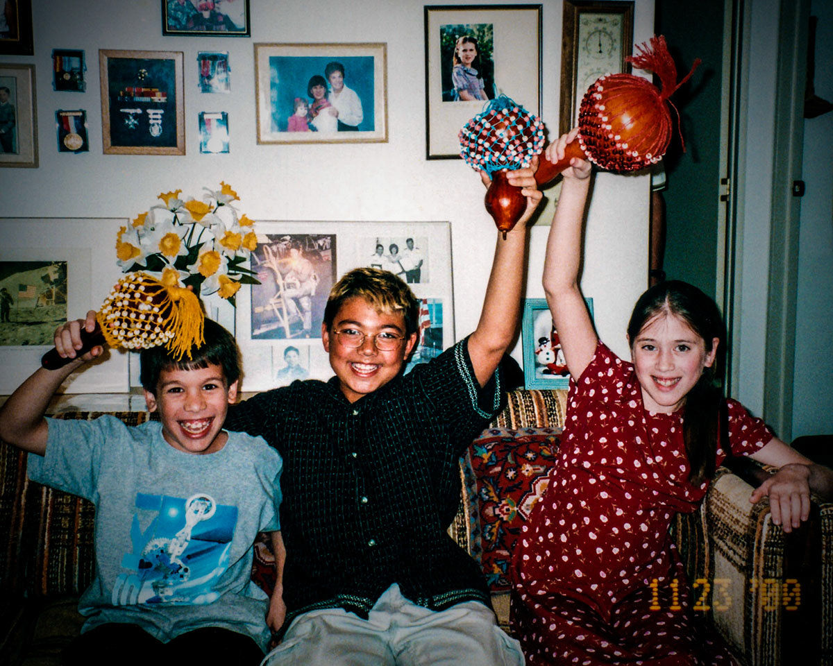 Happy Cousins and Gourds - Andrew, cousin Aaron, and Nicole are happy visiting at their Grandparent's home, showing off the gourds/art made by their great-Aunt