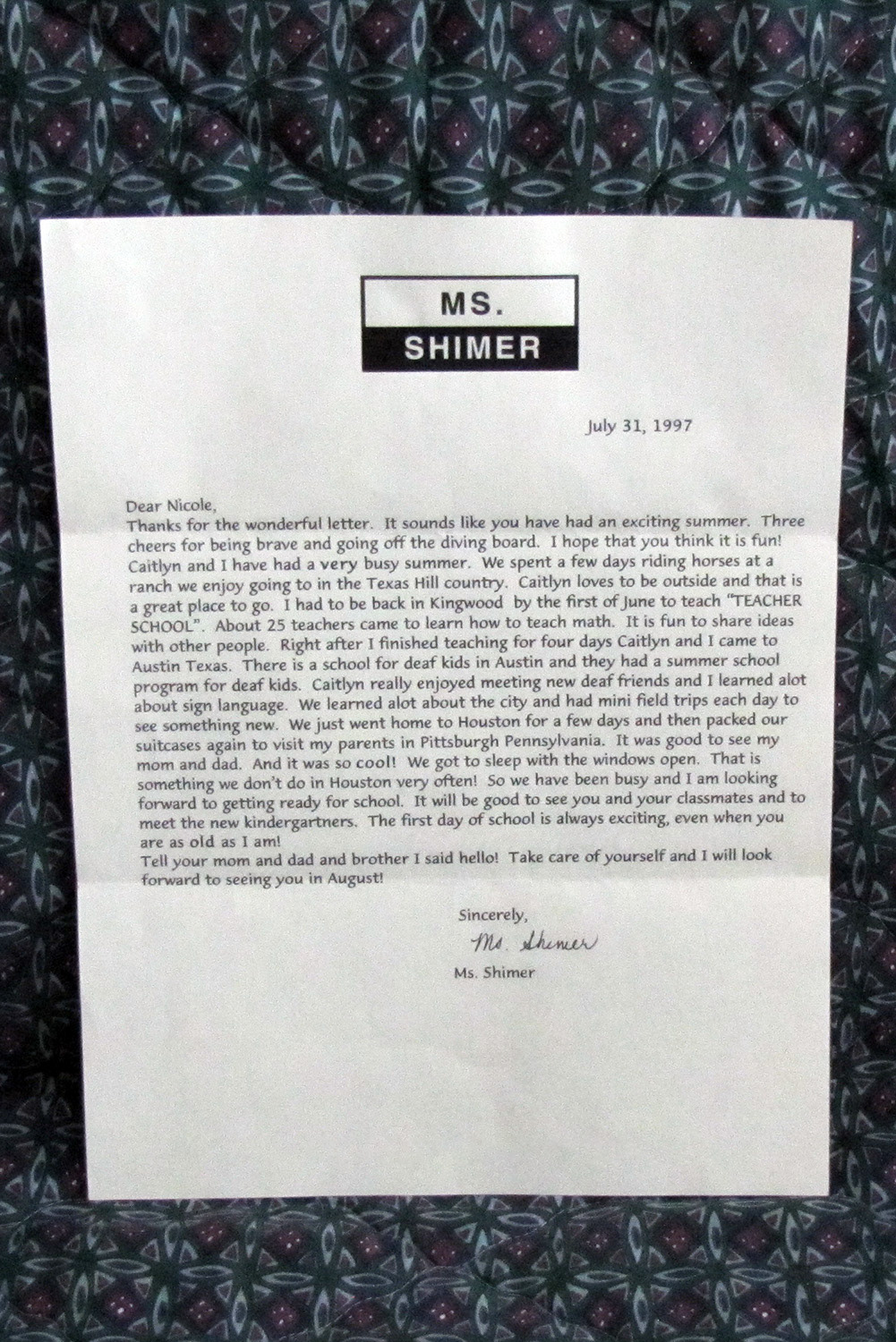 1997 - Ms. Shimer, a special teacher writes Nicole