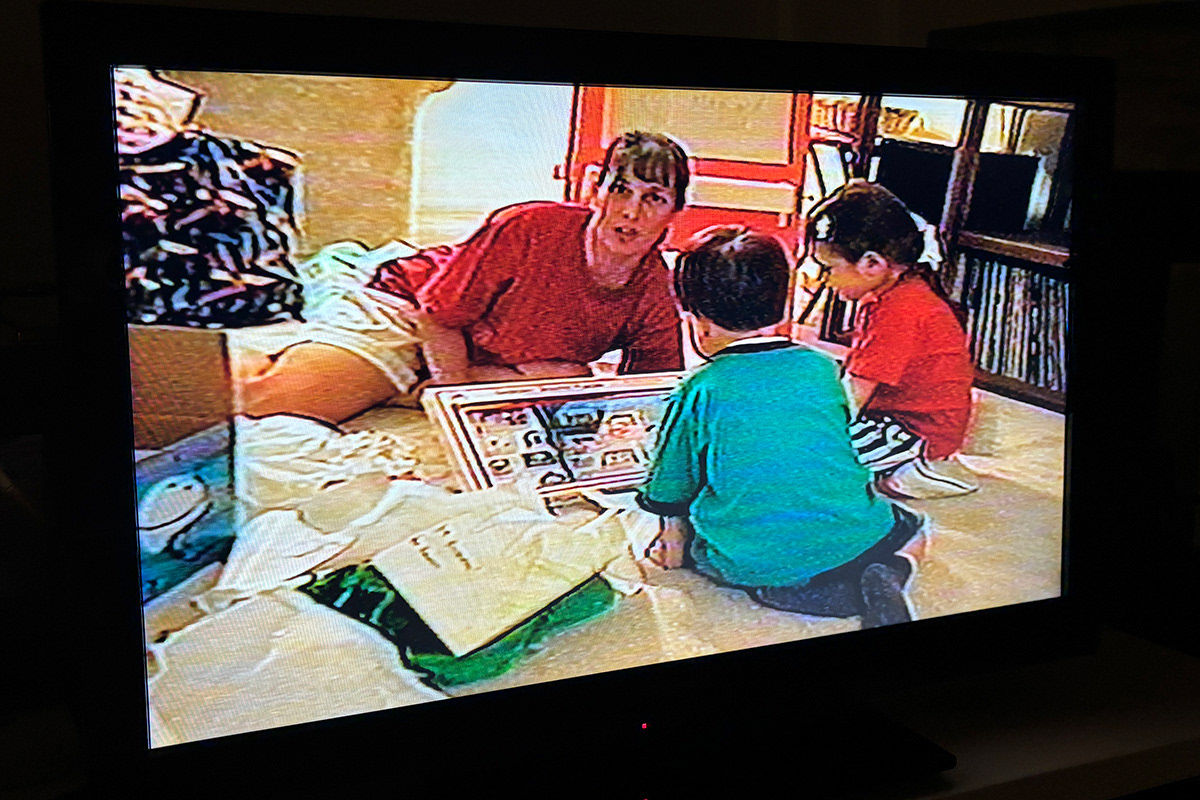 Celebrating Andrew's 3rd Birthday, 1995, Patricia, Nicole and Andrew  (snapshot taken as a VHS tape played)