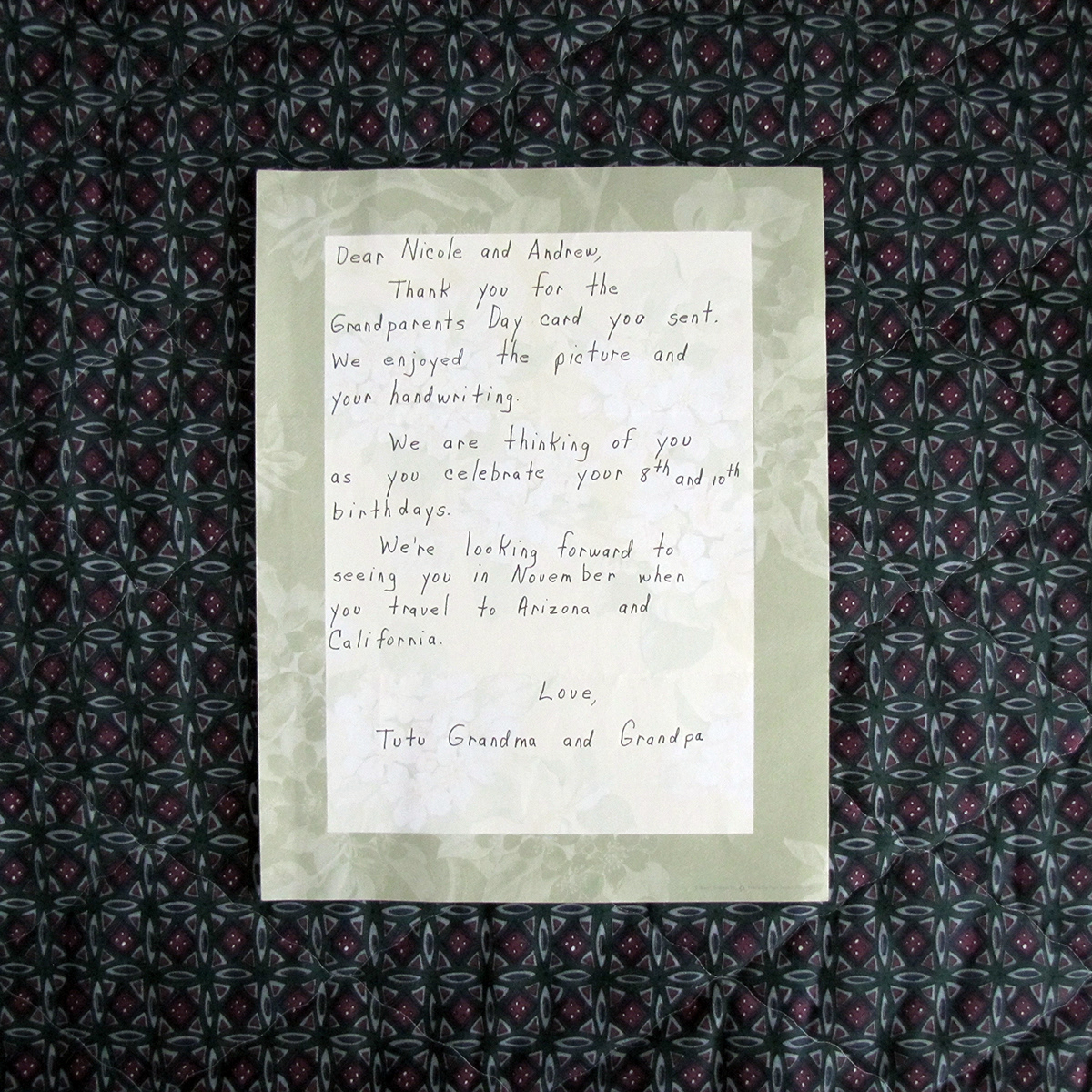 Grandparents Day - To Nicole and Andrew from Tutu Grandparents - Sep 2000