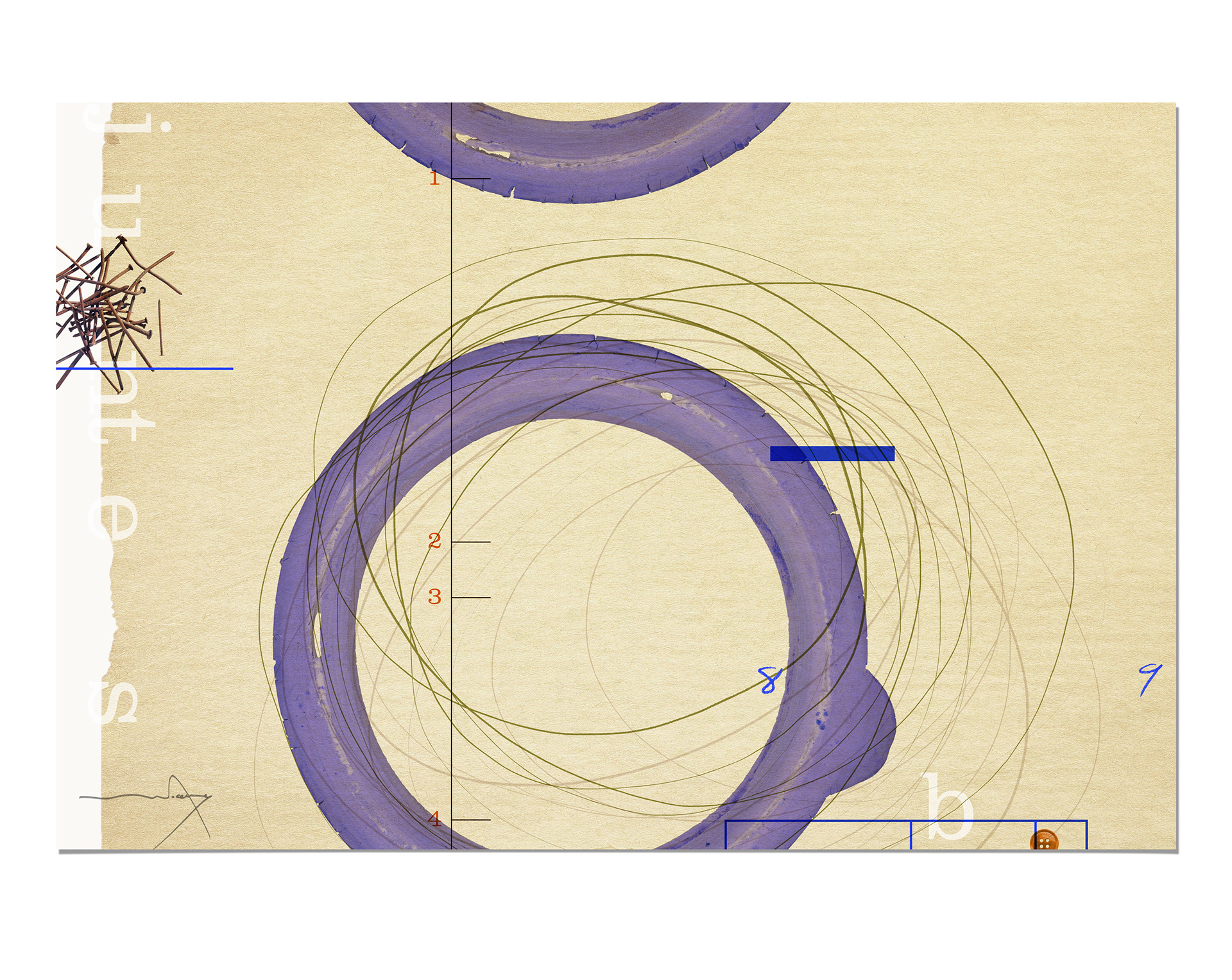 "Digital abstract 'Juntes Separades' by Vicenç, with lilac rubber seals and a pile of rusted keys."