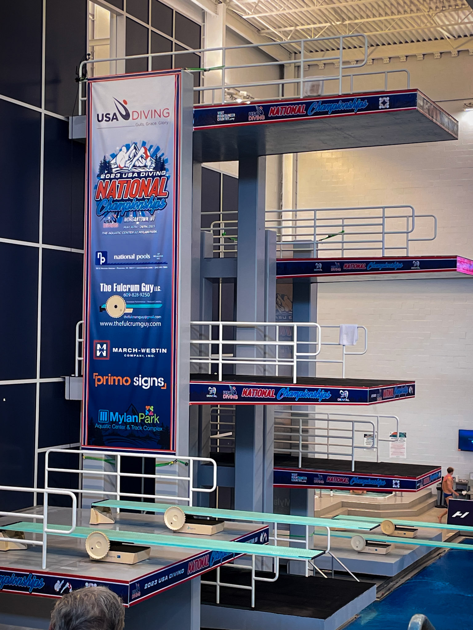 Nation Championships Banner and Platform Wraps on The Aquatic Center at Mylan Park's Diving Tower Side View Close Up
