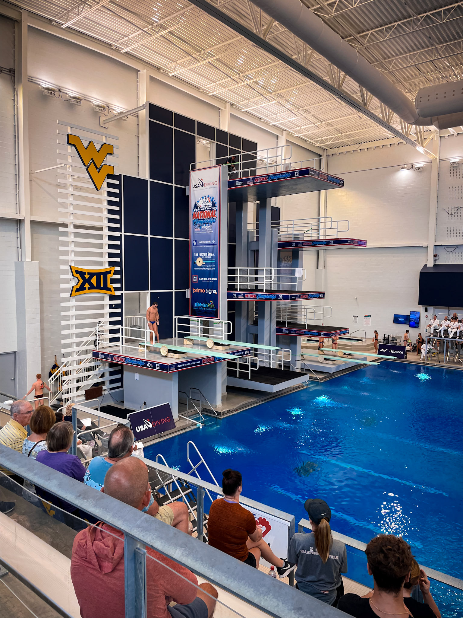 Nation Championships Banner and Platform Wraps on The Aquatic Center at Mylan Park's Diving Tower Side View Wide Angle