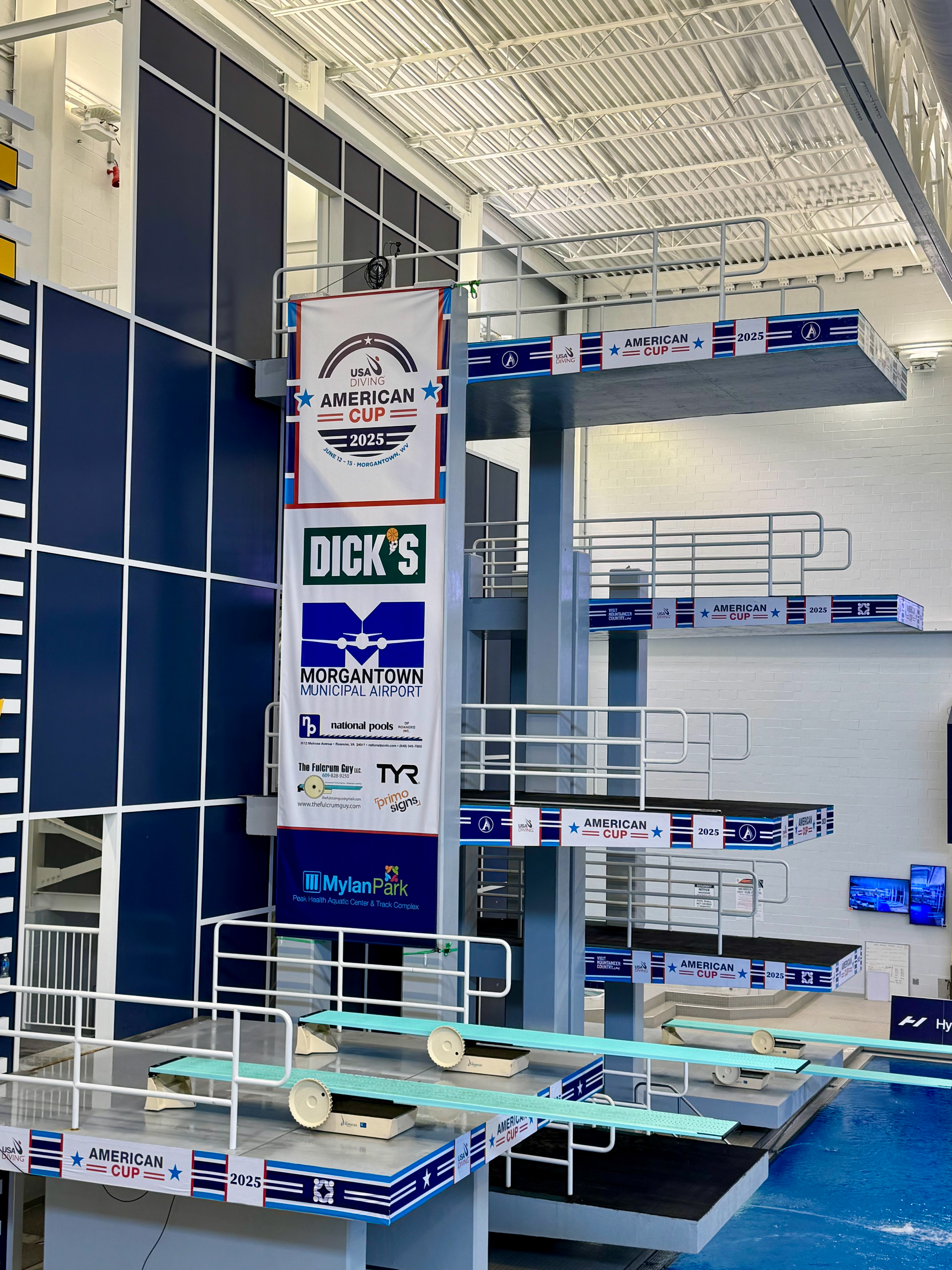 USA Diving American Cup Diving Tower with Platform Wraps and Banner at the Peak Health Aquatic Center at Mylan Park in Morgantown, WV