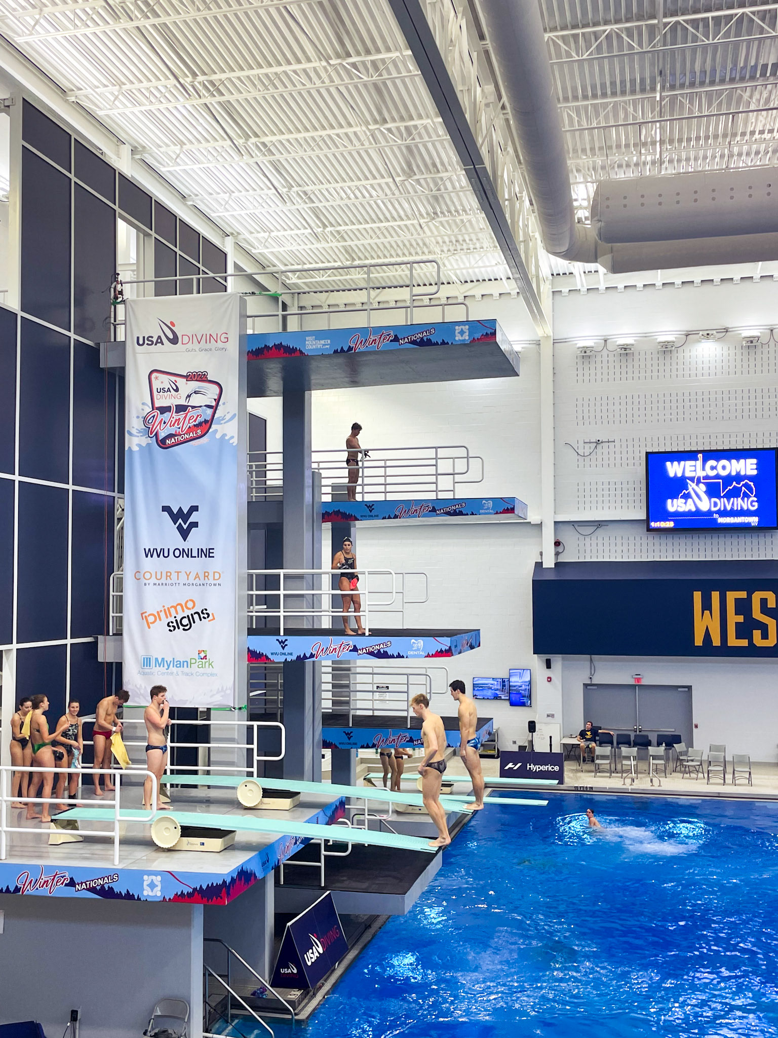 Banner and Platform Wraps on The Aquatic Center at Mylan Park's Diving Tower Side View
