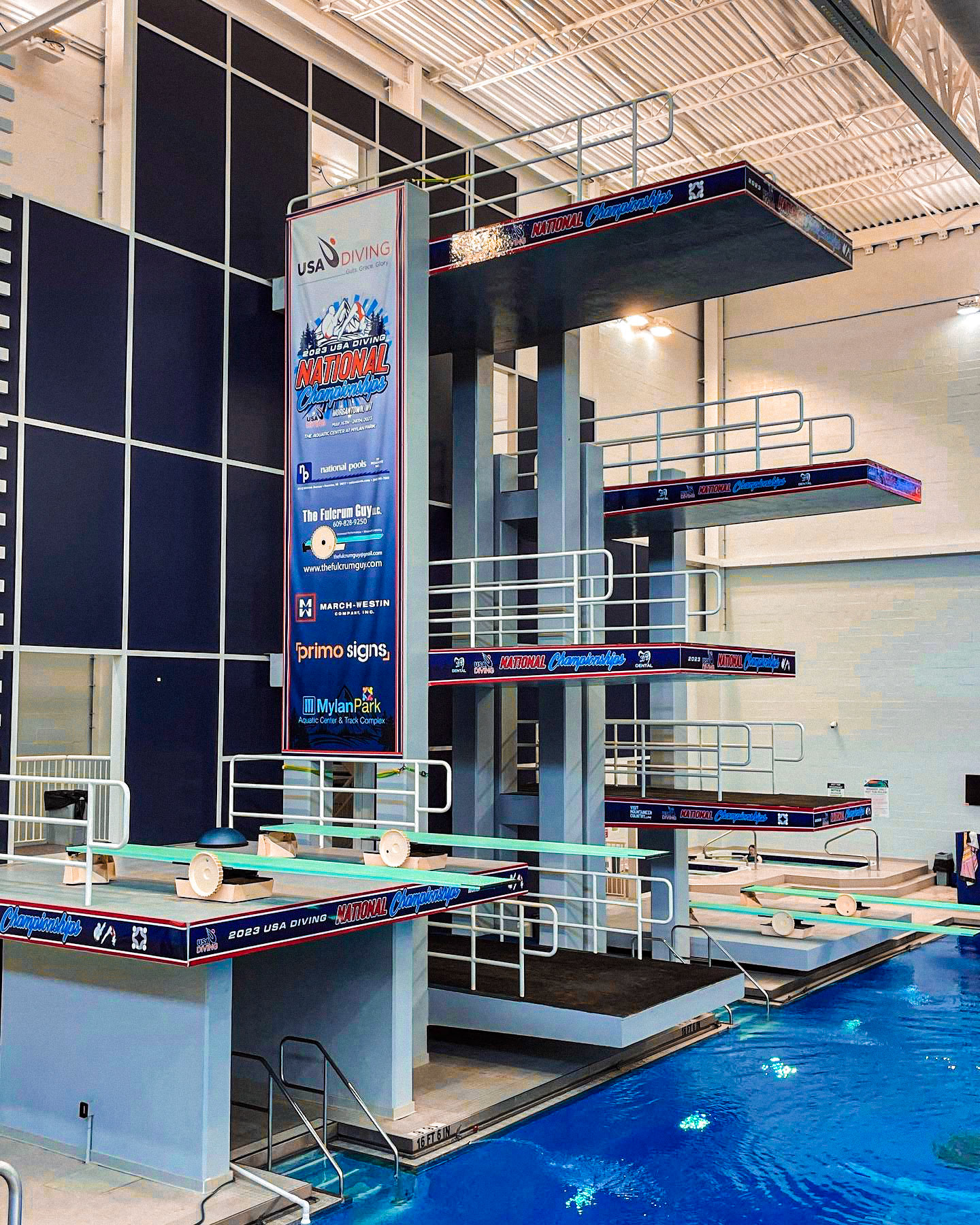 Nation Championships Banner and Platform Wraps on The Aquatic Center at Mylan Park's Diving Tower Side View Close Up