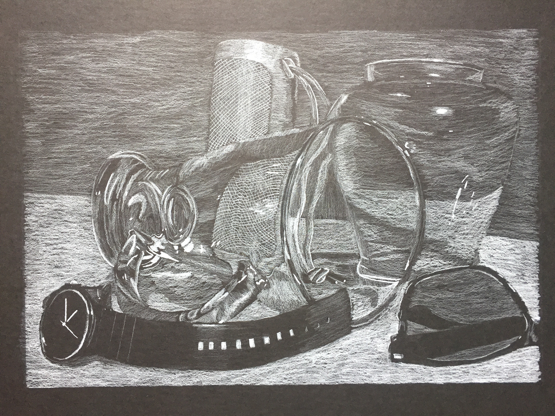 Composition with glass objects. White pencil on black paper.