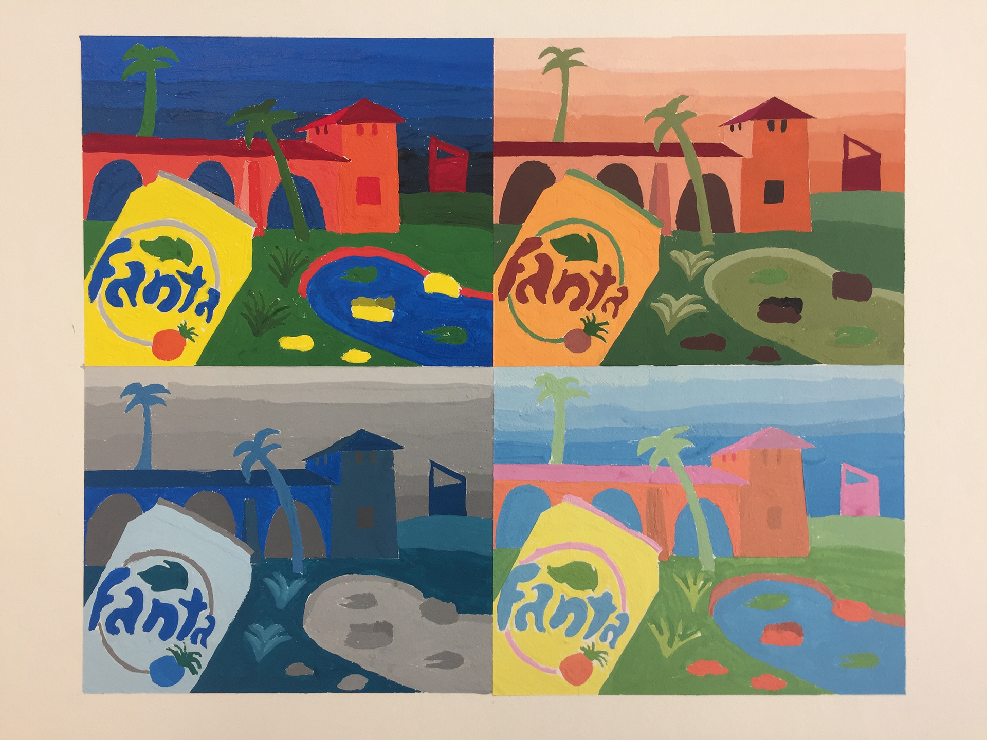 Color theory exercise, using the same composition in four panels. The panels each represent one of the four seasons.