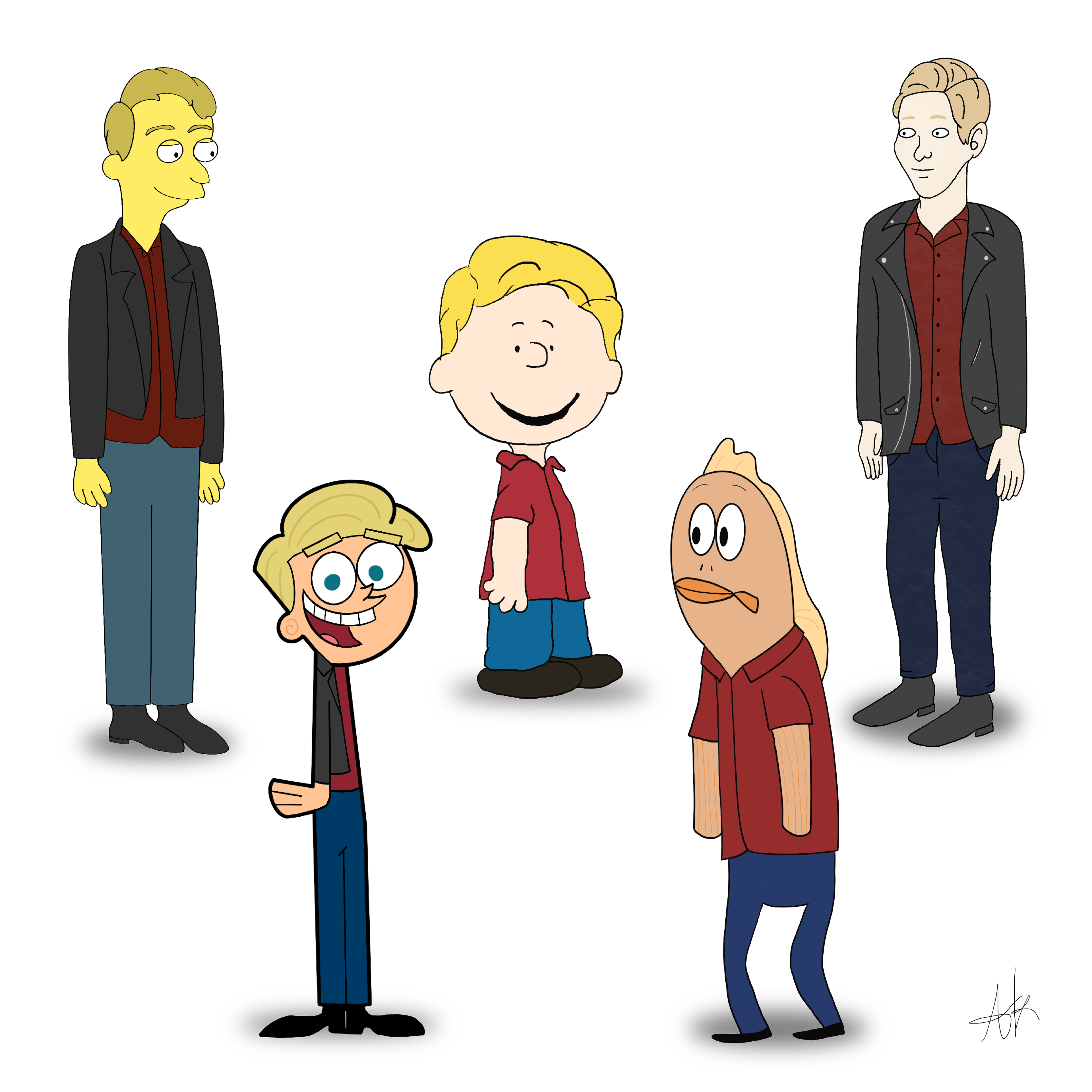 Self-portrait series, inspired by five cartoons.