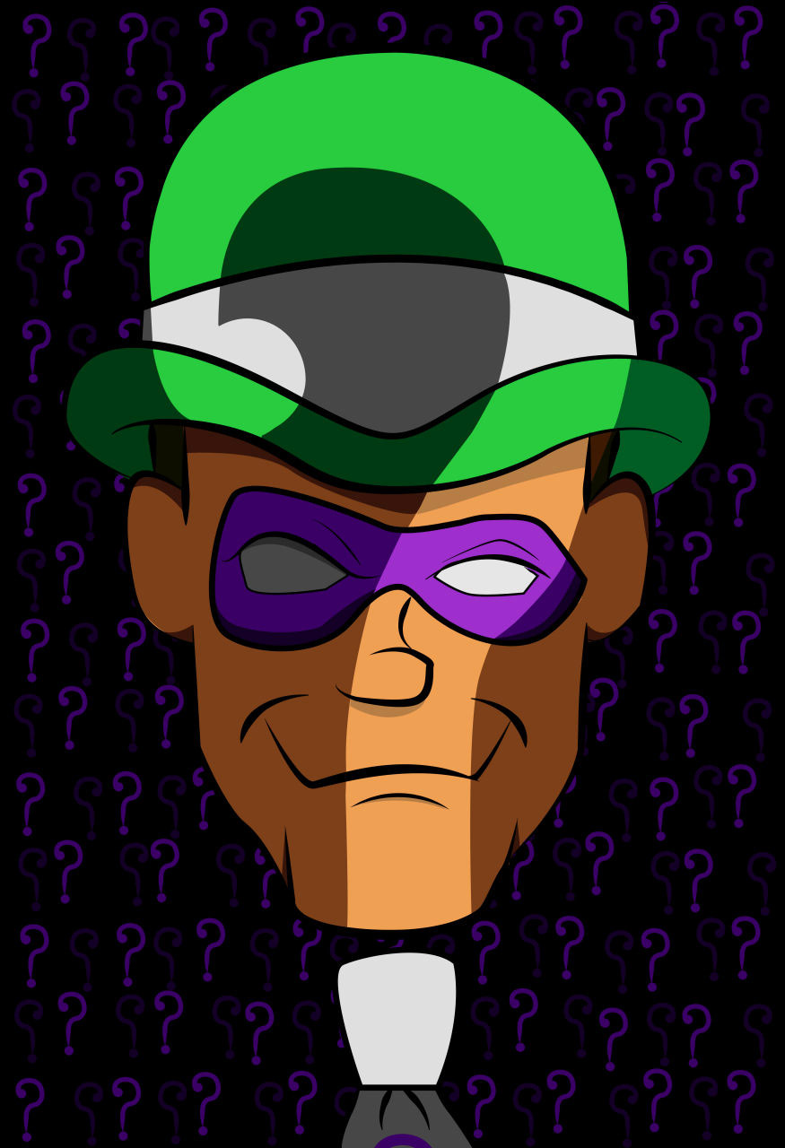 Riddle Me This - For this design, I looked to the original design of the Batman: The Animated Series Riddler. I wanted to emphasize the question mark for which The Riddler is known for. I originally wanted to do something that only showed part of the face, but I decided in the end to have the question mark be a kind of light shining onto the face instead. I wanted to subtly incorporate it onto his person rather than just having it out in the open. I then reemphasized the question mark in a pattern behind him to provide some kind of grounding to the face rather than having it float around. I kept a consistent color scheme to tie the whole thing together and make it stand out while also being simple.