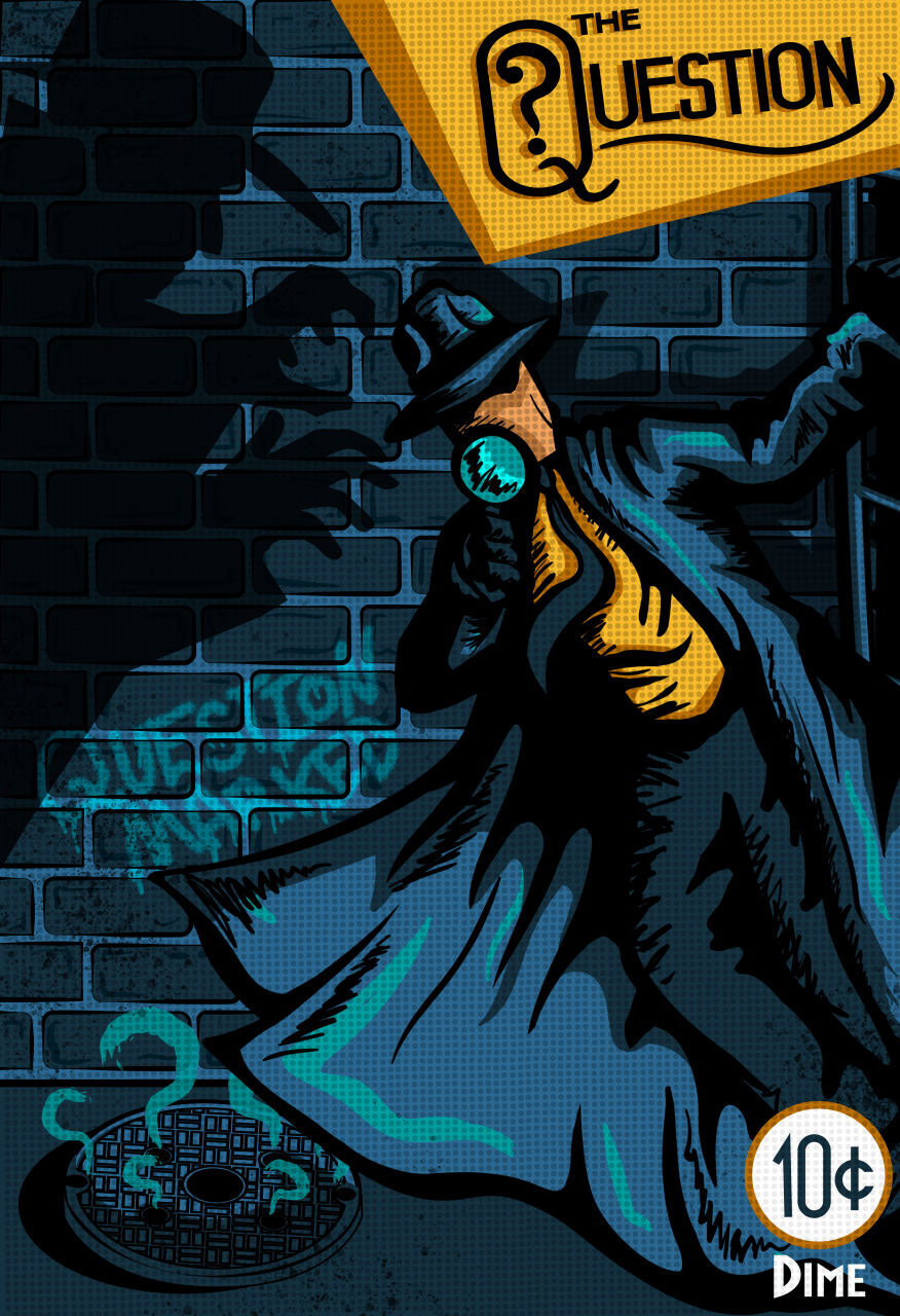 Question Marked - I wanted to make a design that looked like a classic dime store detective novel since The Question is a noir-type character. I looked to other novel covers as reference (and, of course, past Question comic covers as well). I wanted to mimic all those past covers, which were able to tell a story with a simple image. I began with a few sketches to land on this one which depicts The Question looking for clues, unaware that, all this time, the villain is creeping up behind him. The title goes along with the narrative by showing The Question is a marked man as the villain pursues him.