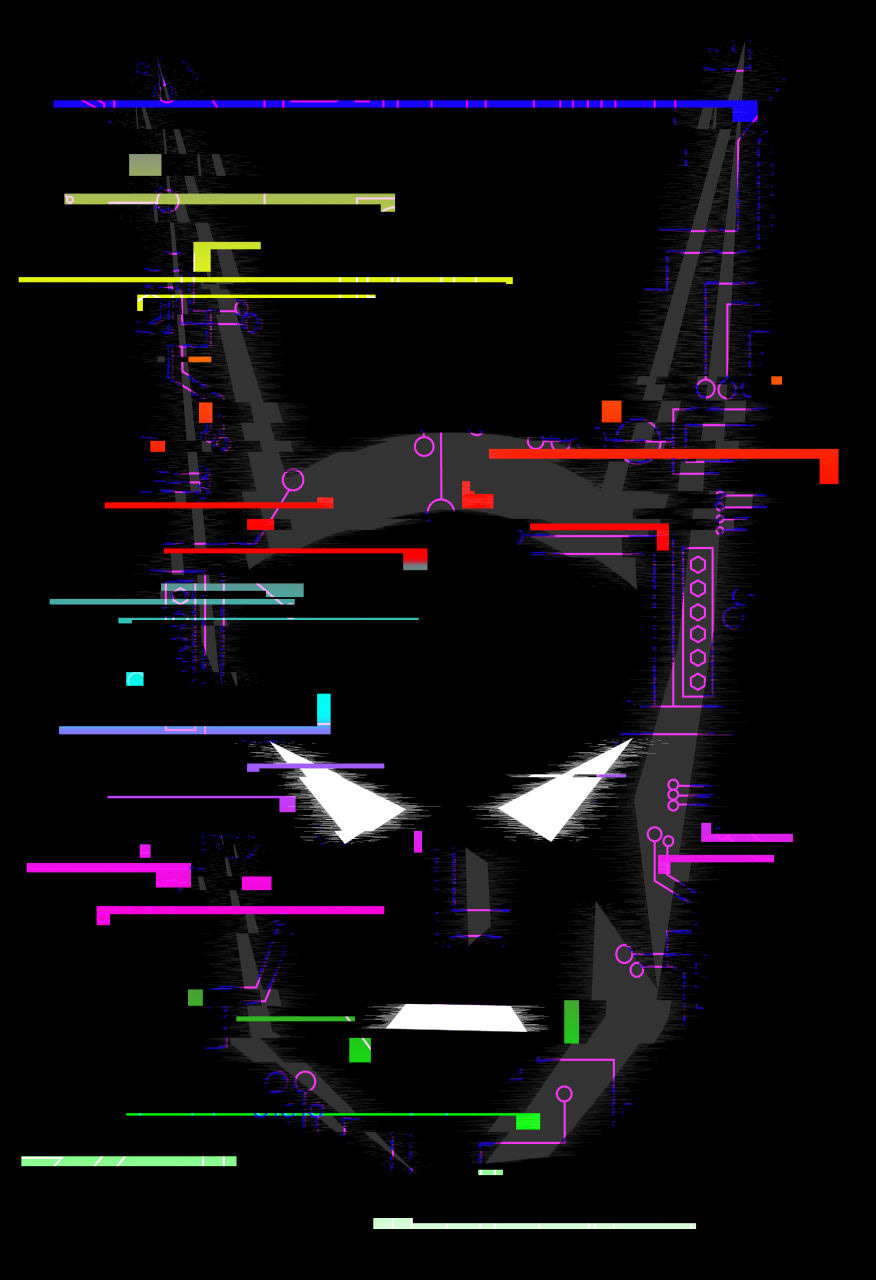 Cyber Punk - This design I fully embraced the cyberpunk style. I wanted to do something that seemed to capture the future technology of the show and film by doing a glitched effect on the face. I then overlaid in some tech patterns to pull the design together and further give it that glitched screen-like quality. I made sure that there was some pixelation and motion blurs on the face to again emphasize the cyber look. I wanted to remain simple, but really drive at the style of the show and film.