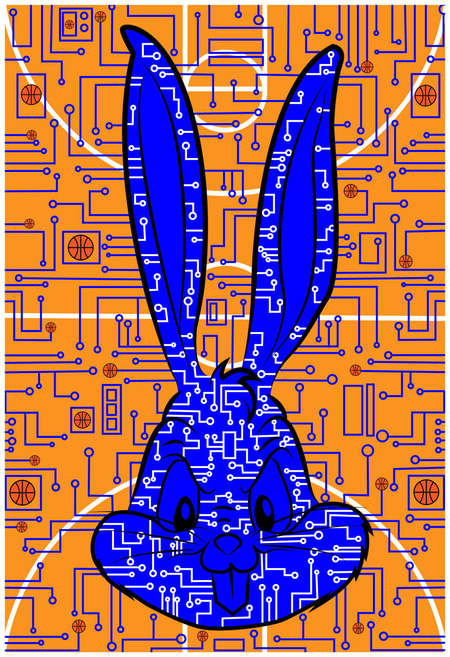 Basketball Bunny - I wanted to keep with the theme of Space Jam mixed with a digital style to match the movie's new look. I used Bugs Bunny because he is the most recognizable of the Looney Tunes to viewers. I wanted to create this circuit-like pattern and circulate it through the design to go along with the digital theme mentioned earlier. I still wanted to drive the basketball premise by doing the background as a basketball court. I felt to further the idea I would use actual depictions of basketballs throughout the circuit work to merge the two ideas I was going for. In deciding colors I wanted to keep it simple and used mostly oranges to tie back to basketball. I went with the addition of blue to match the main colors of the Tune Squad uniforms and to act as a complimentary color to the orange.
