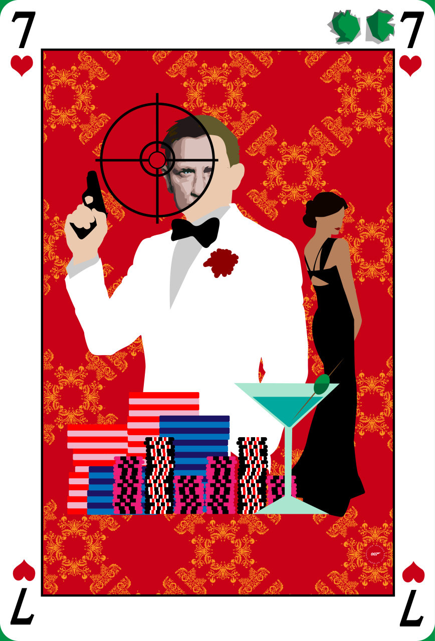 Seven of Hearts - I designed this poster to look like a playing card to tie back to the gambling theme of Casino Royale. I did a simplistic view of the characters, martini, and poker chips like the theme song. I also did the traveling target passing over Bond’s face to reveal a more detailed look at it like the theme does with Eva Green on the Queen card. I also added the card being shot to show the 007 just like the theme song as well. As I’ve said before, I really love the opening to Casino Royale. I like the Saul Bass style that is so simplistic but beautiful. The style also seems to draw back to the older films and the classic techniques that were used in their poster designs as well as their theme titles.