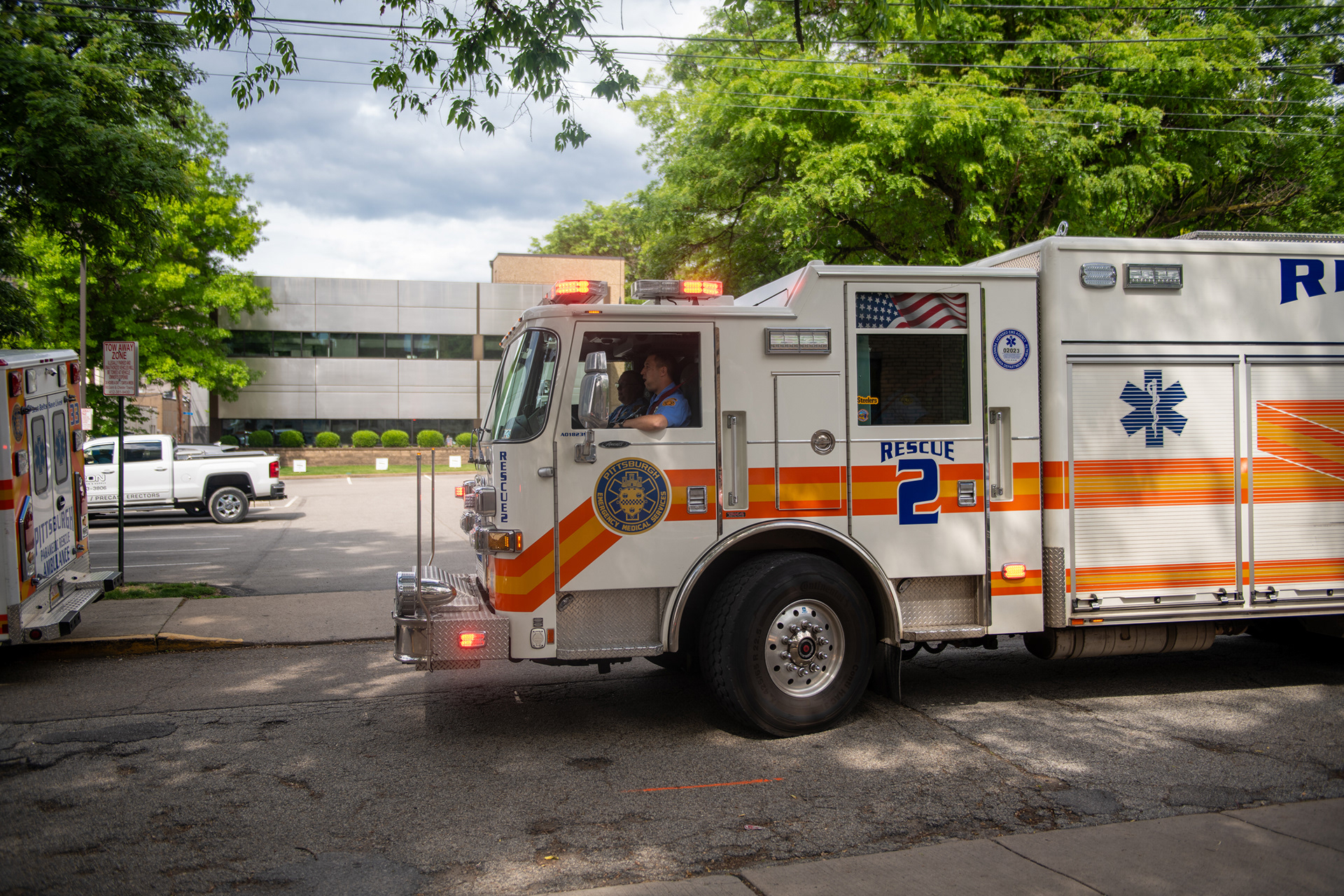 An ambulance parked at an emergency response scene